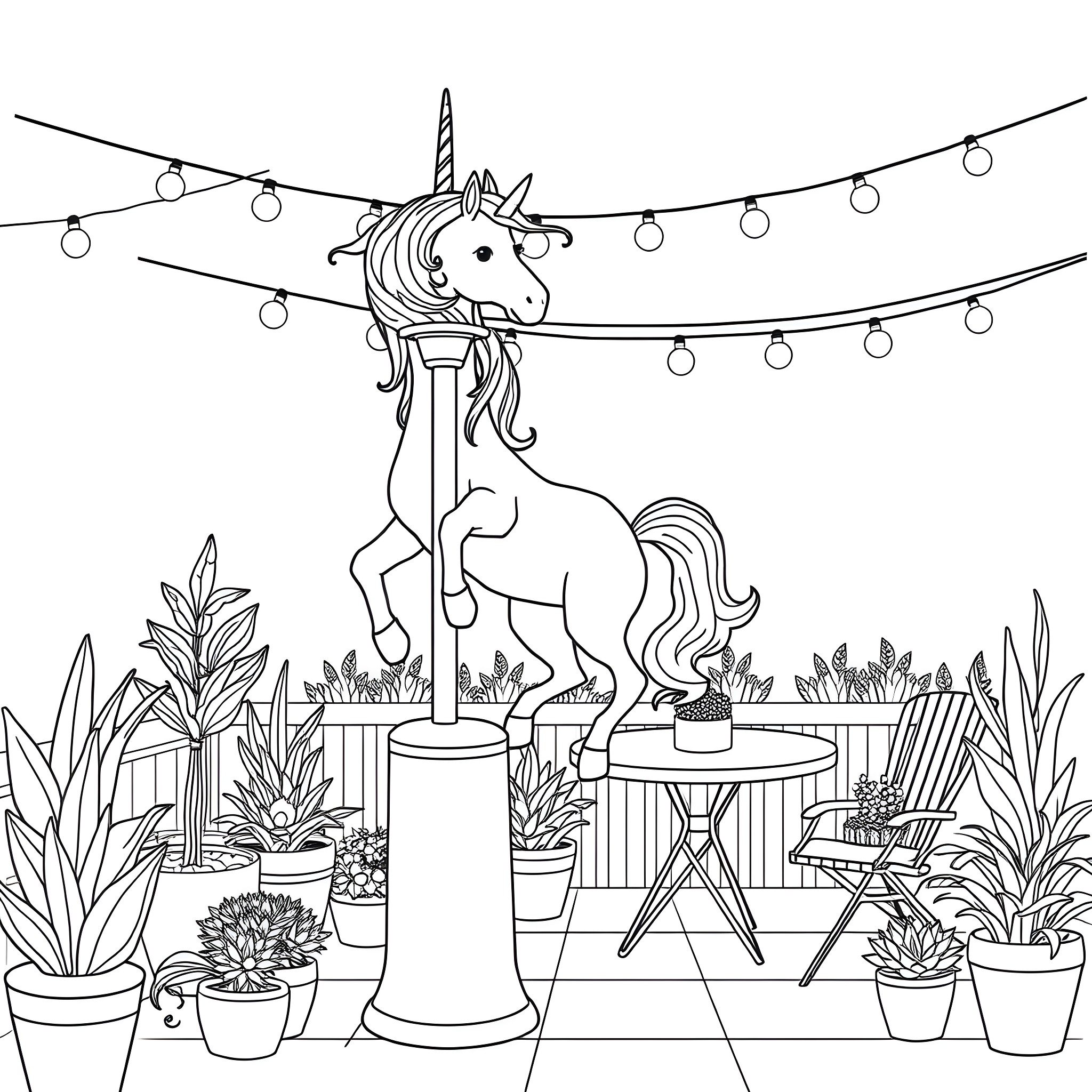Unicorn standing proudly on a pedestal in a whimsical garden Coloring Page (free black-and-white line drawing printable PDF for all, from beginners to advanced learners, including children, teens, adults, and seniors)