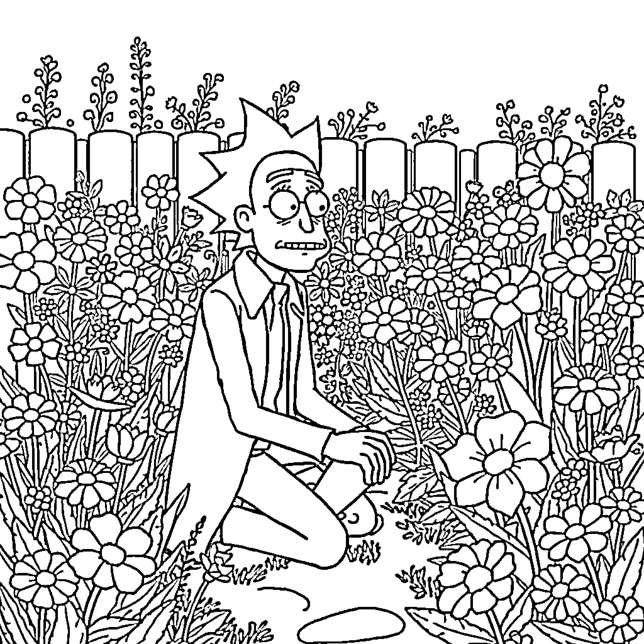 Rick's Whimsical Floral Adventure Coloring Page (free black-and-white line drawing printable PDF for all, from beginners to advanced learners, including children, teens, adults, and seniors)