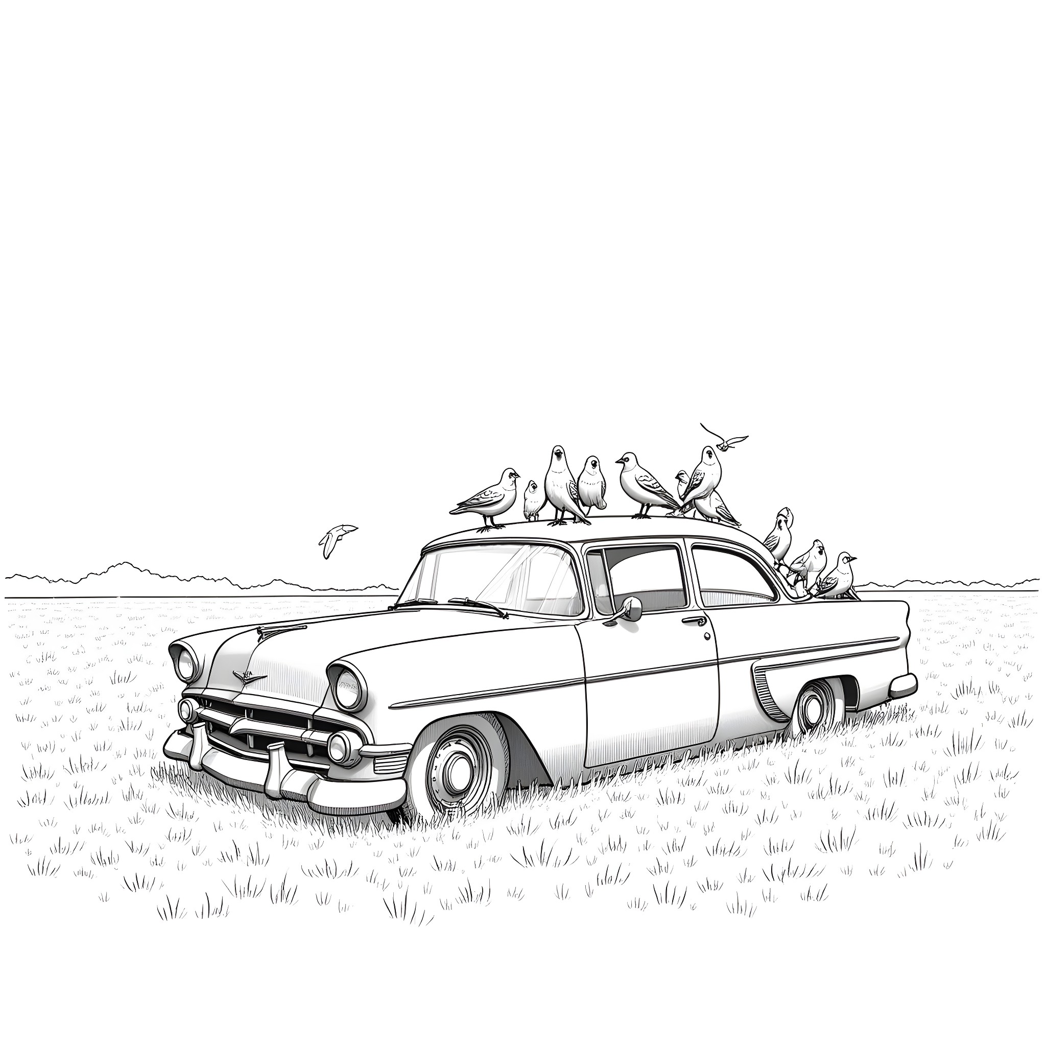 Car with birds on its roof in countryside Coloring Page (free black-and-white line drawing printable PDF for all, from beginners to advanced learners, including children, teens, adults, and seniors)