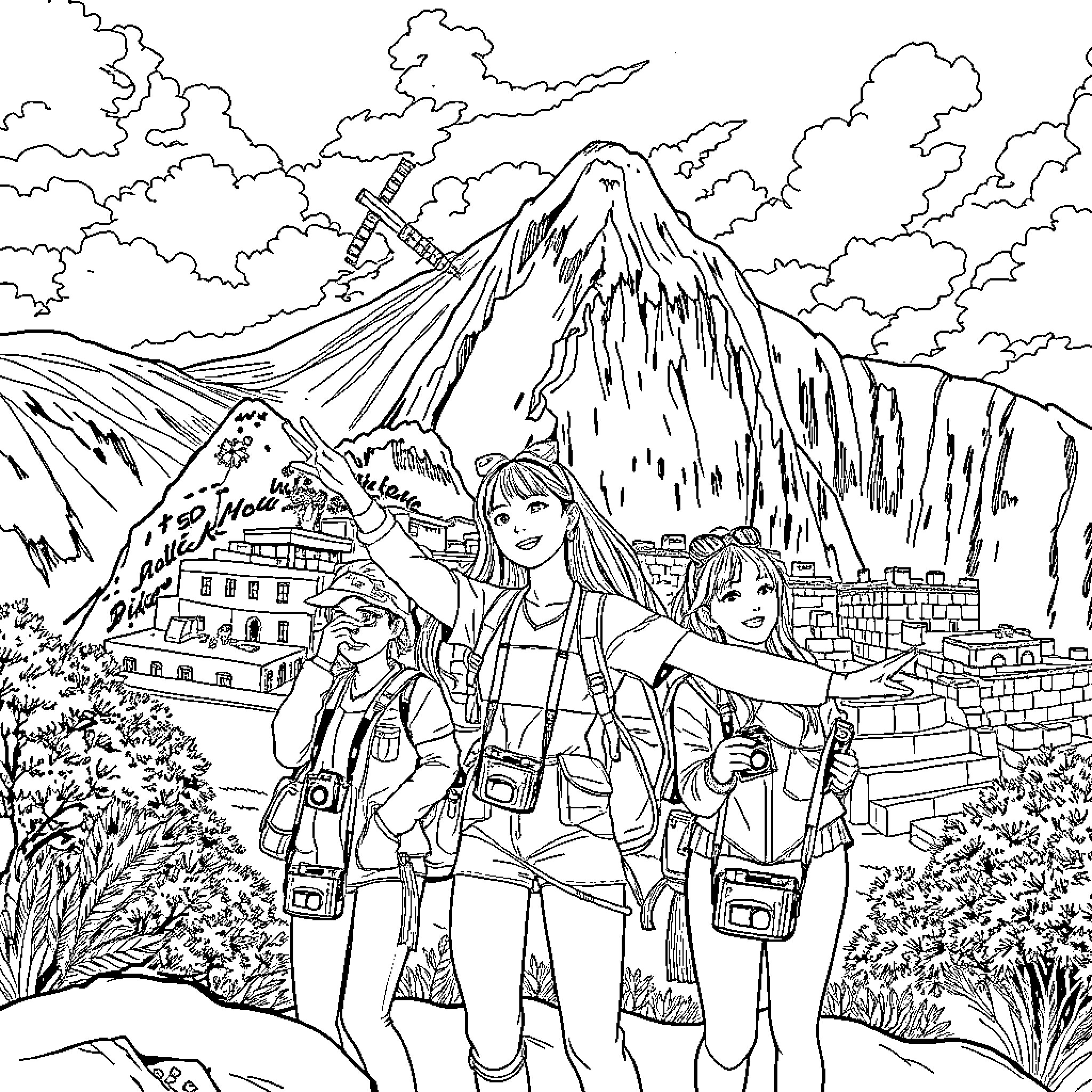 K Pop Warrior Trio Exploring Mountainous Landscape Coloring Page (free black-and-white line drawing printable PDF for all, from beginners to advanced learners, including children, teens, adults, and seniors)