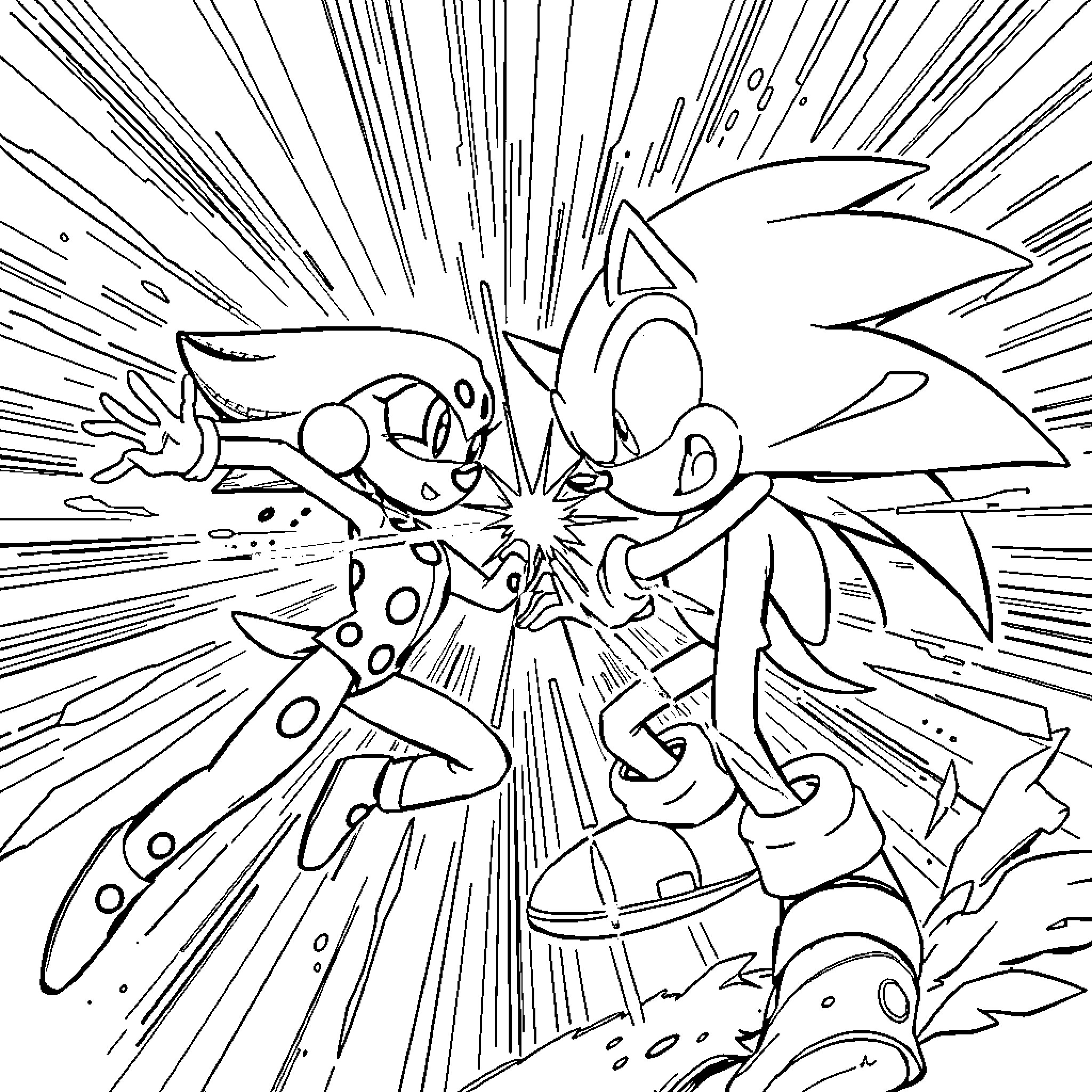 Ladybug and Sonic the Hedgehog in action-packed scene Coloring Page (free black-and-white line drawing printable PDF for all, from beginners to advanced learners, including children, teens, adults, and seniors)