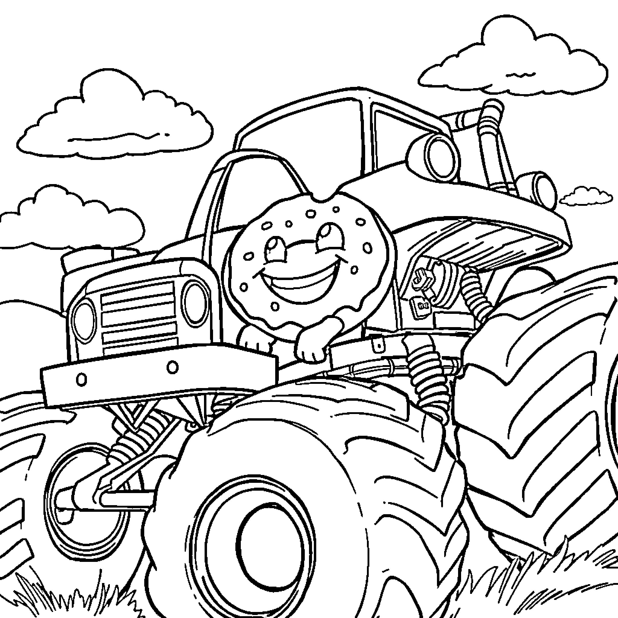 Donut-shaped monster truck having fun in the countryside Coloring Page (free black-and-white line drawing printable PDF for all, from beginners to advanced learners, including children, teens, adults, and seniors)