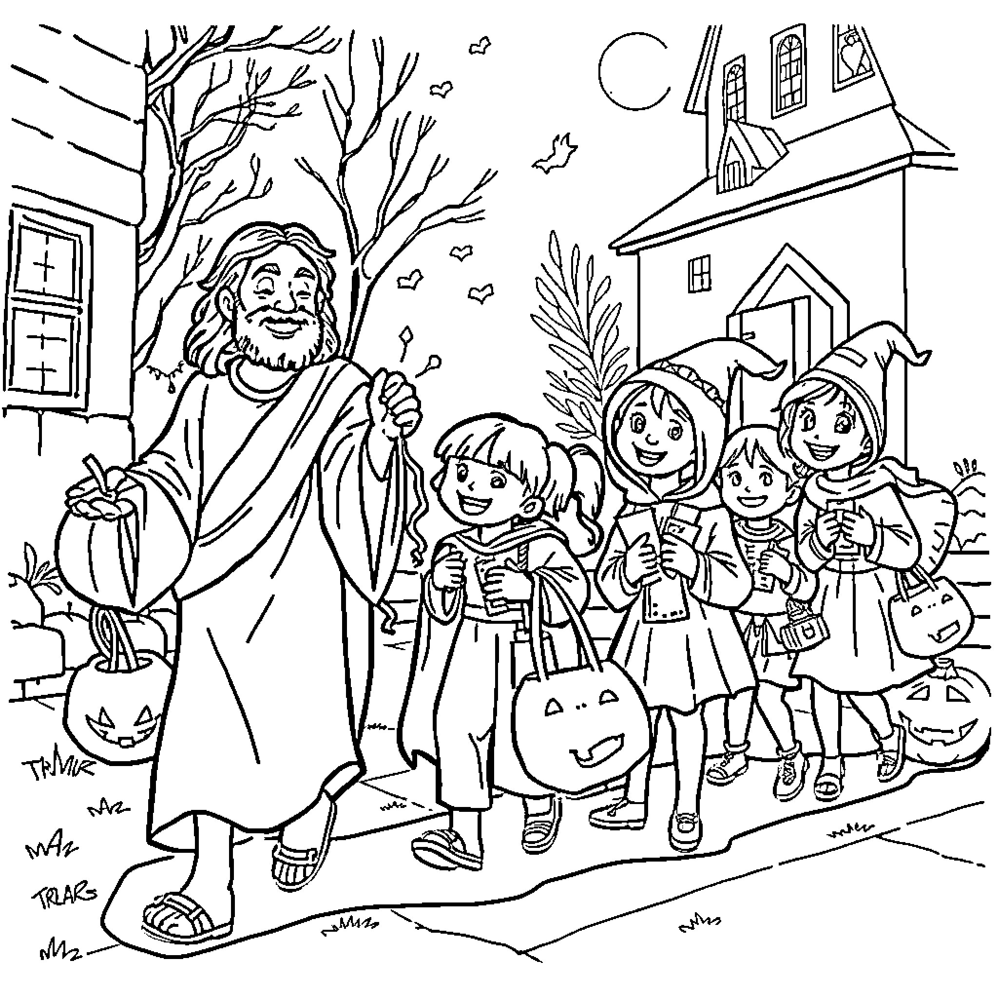 Jesus Blesses Children on Halloween Coloring Page (free black-and-white line drawing printable PDF for all, from beginners to advanced learners, including children, teens, adults, and seniors)