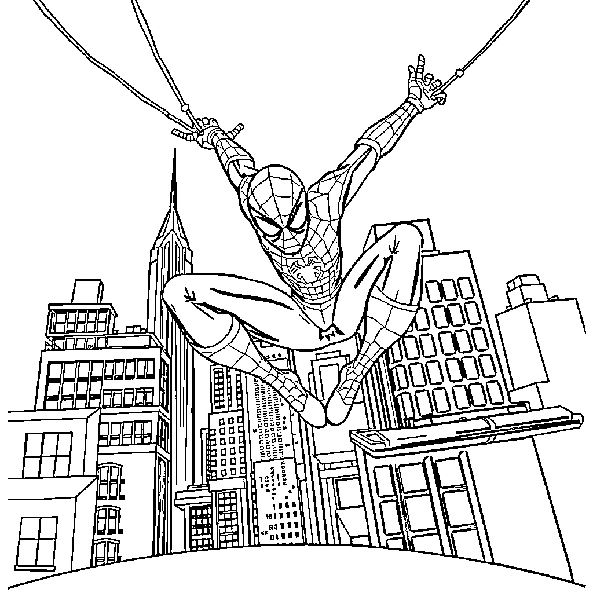 Spider-Man swinging through a city skyline Coloring Page (free black-and-white line drawing printable PDF for all, from beginners to advanced learners, including children, teens, adults, and seniors)