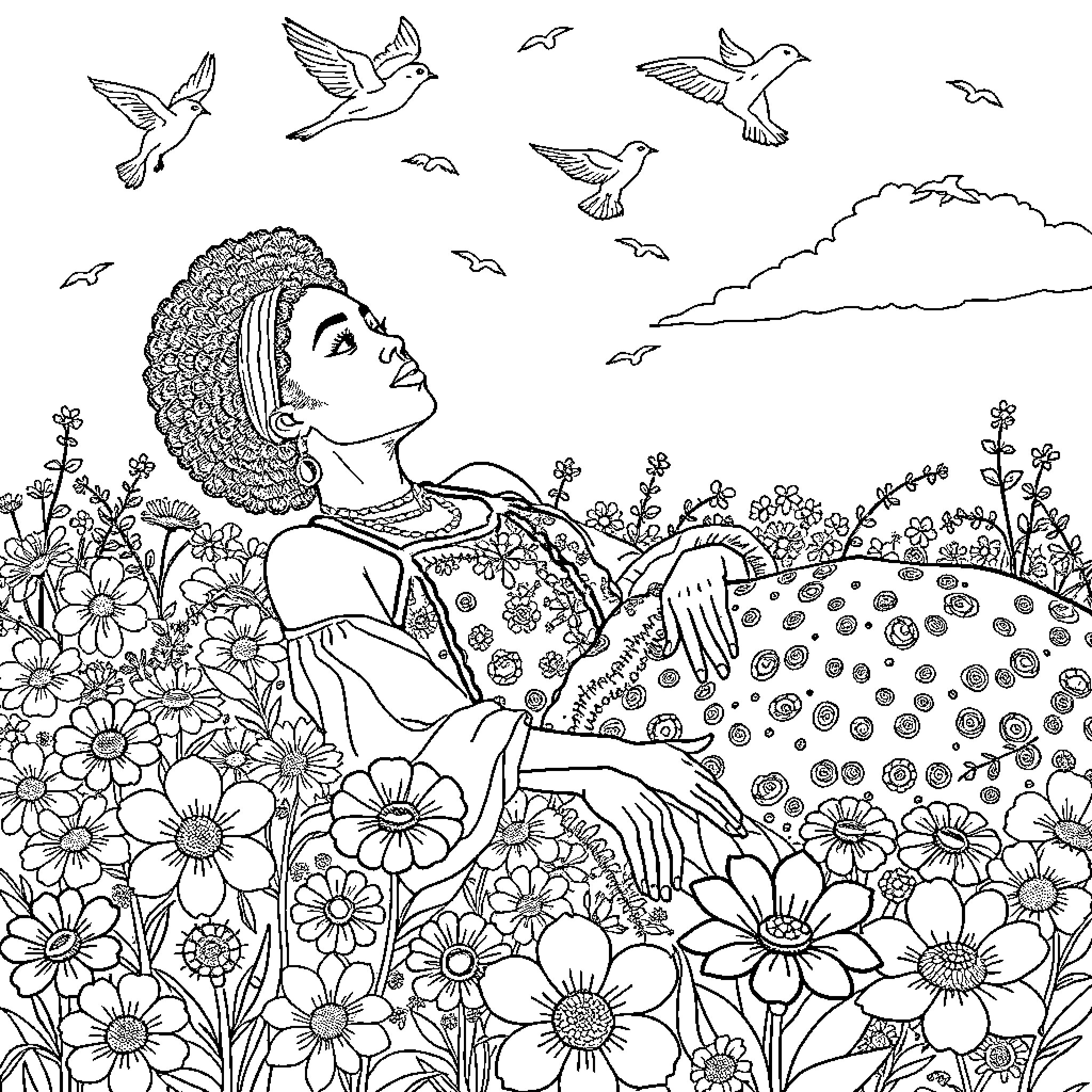 Woman enjoying nature among flowers and birds Coloring Page (free black-and-white line drawing printable PDF for all, from beginners to advanced learners, including children, teens, adults, and seniors)