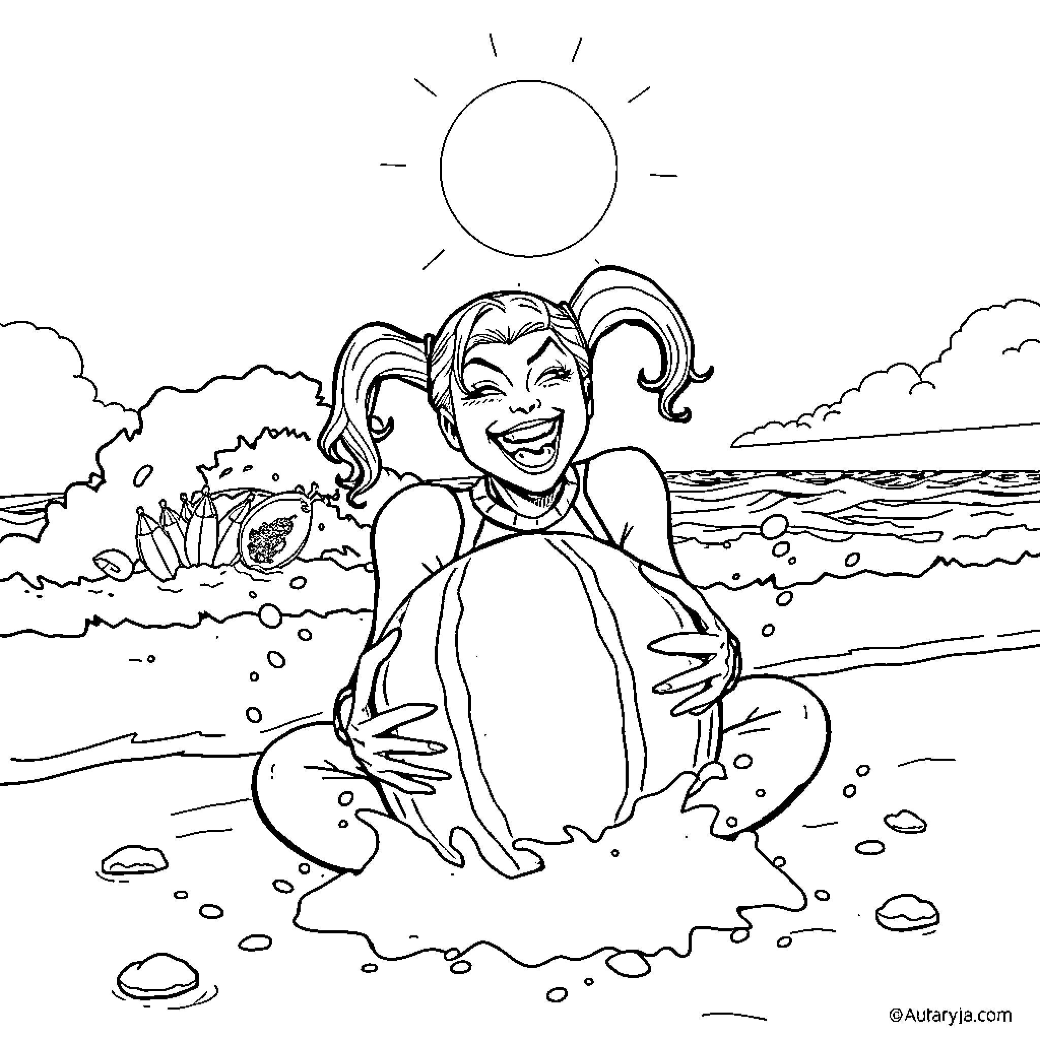 Harley Quinn enjoying a sunny day at the beach Coloring Page (free black-and-white line drawing printable PDF for all, from beginners to advanced learners, including children, teens, adults, and seniors)