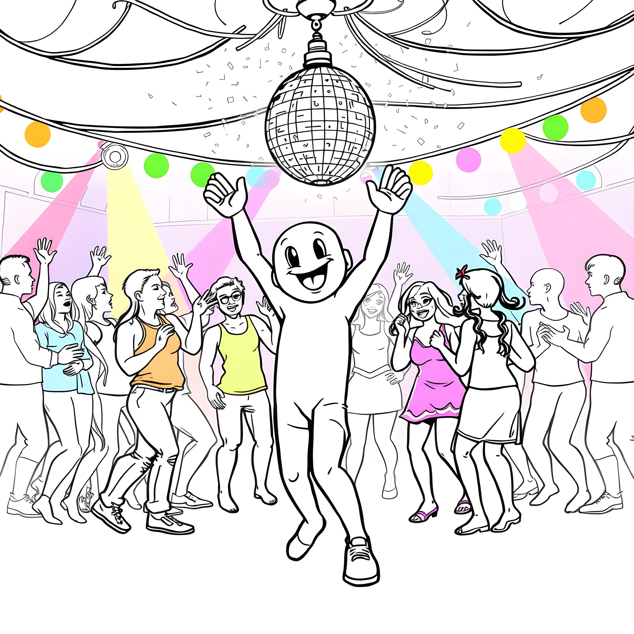 Bluey's Disco Dance Party Coloring Page (free black-and-white line drawing printable PDF for all, from beginners to advanced learners, including children, teens, adults, and seniors)