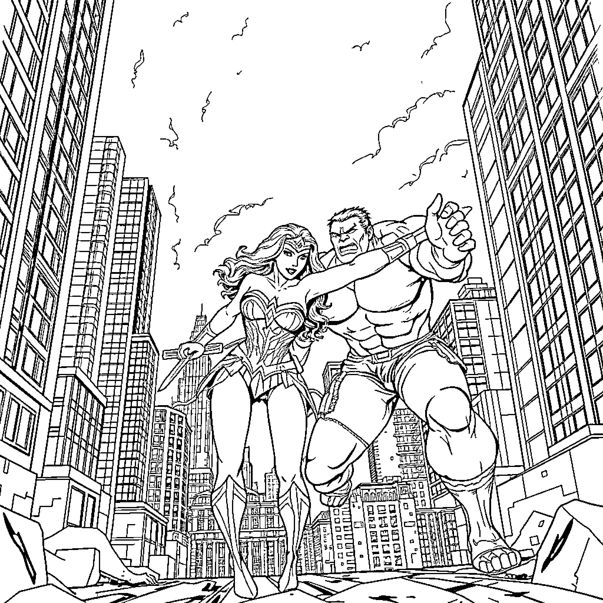 Wonder Woman and Superhero Duo Saving the City Coloring Page (free black-and-white line drawing printable PDF for all, from beginners to advanced learners, including children, teens, adults, and seniors)