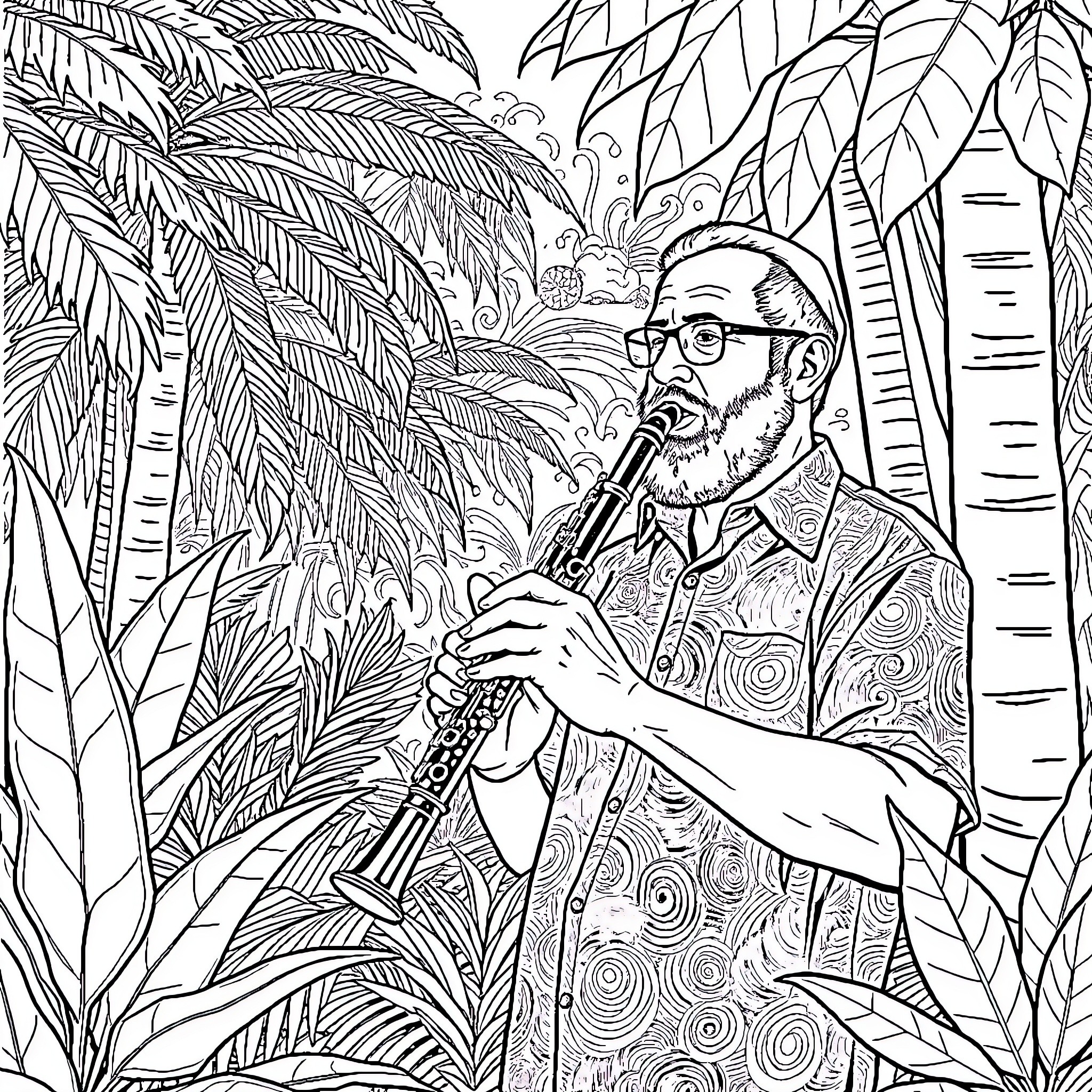 Man playing flute in tropical forest Coloring Page (free black-and-white line drawing printable PDF for all, from beginners to advanced learners, including children, teens, adults, and seniors)