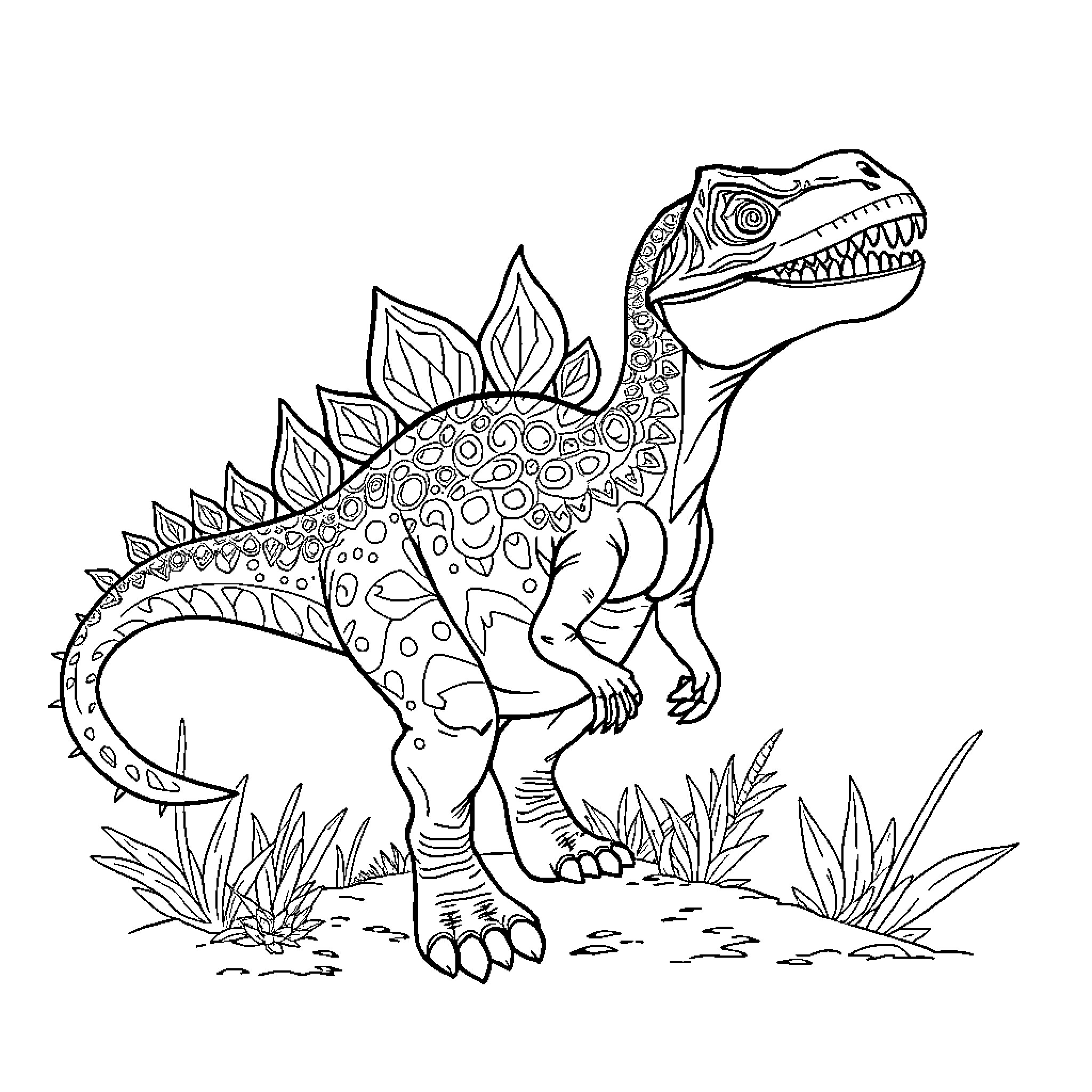 Hada Dinosaur Roaring in the Wilderness Coloring Page (free black-and-white line drawing printable PDF for all, from beginners to advanced learners, including children, teens, adults, and seniors)