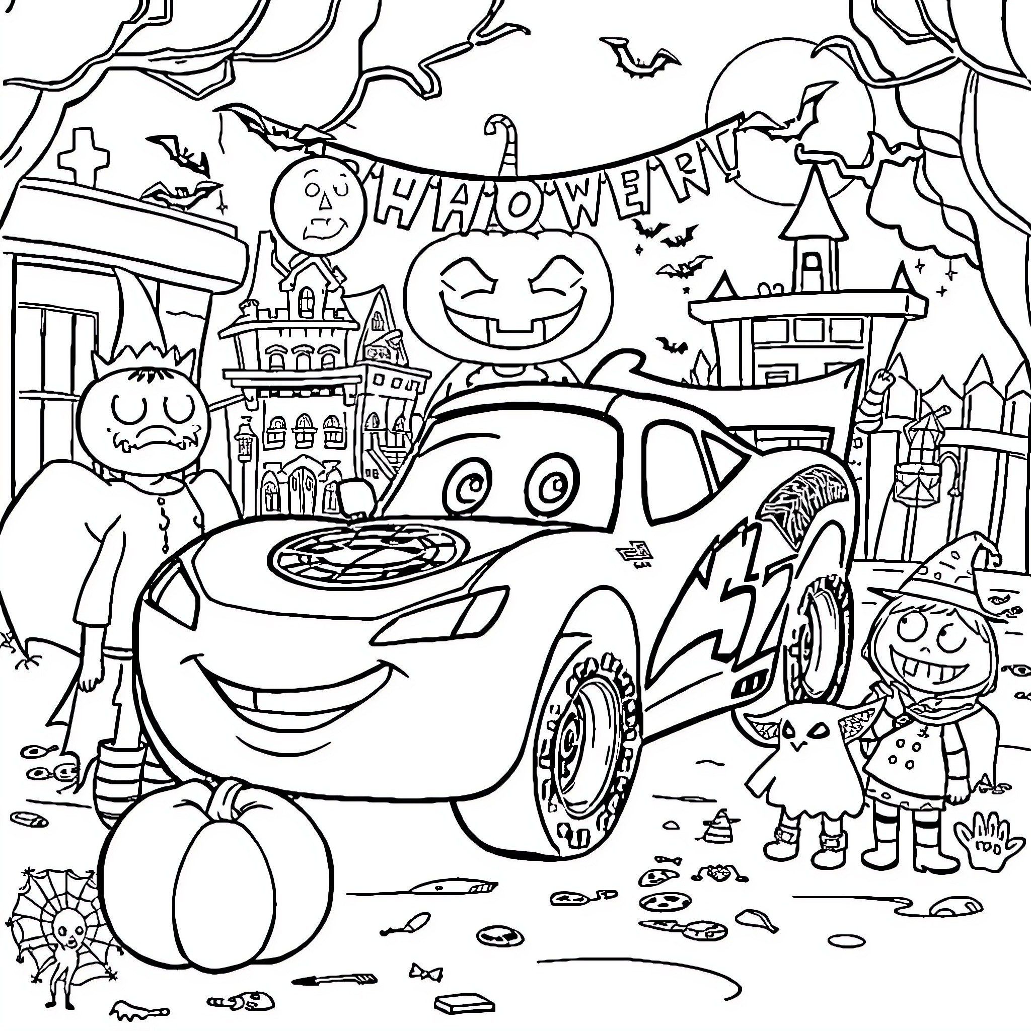 Flash McQueen's Spooky Halloween Adventure Coloring Page (free black-and-white line drawing printable PDF for all, from beginners to advanced learners, including children, teens, adults, and seniors)