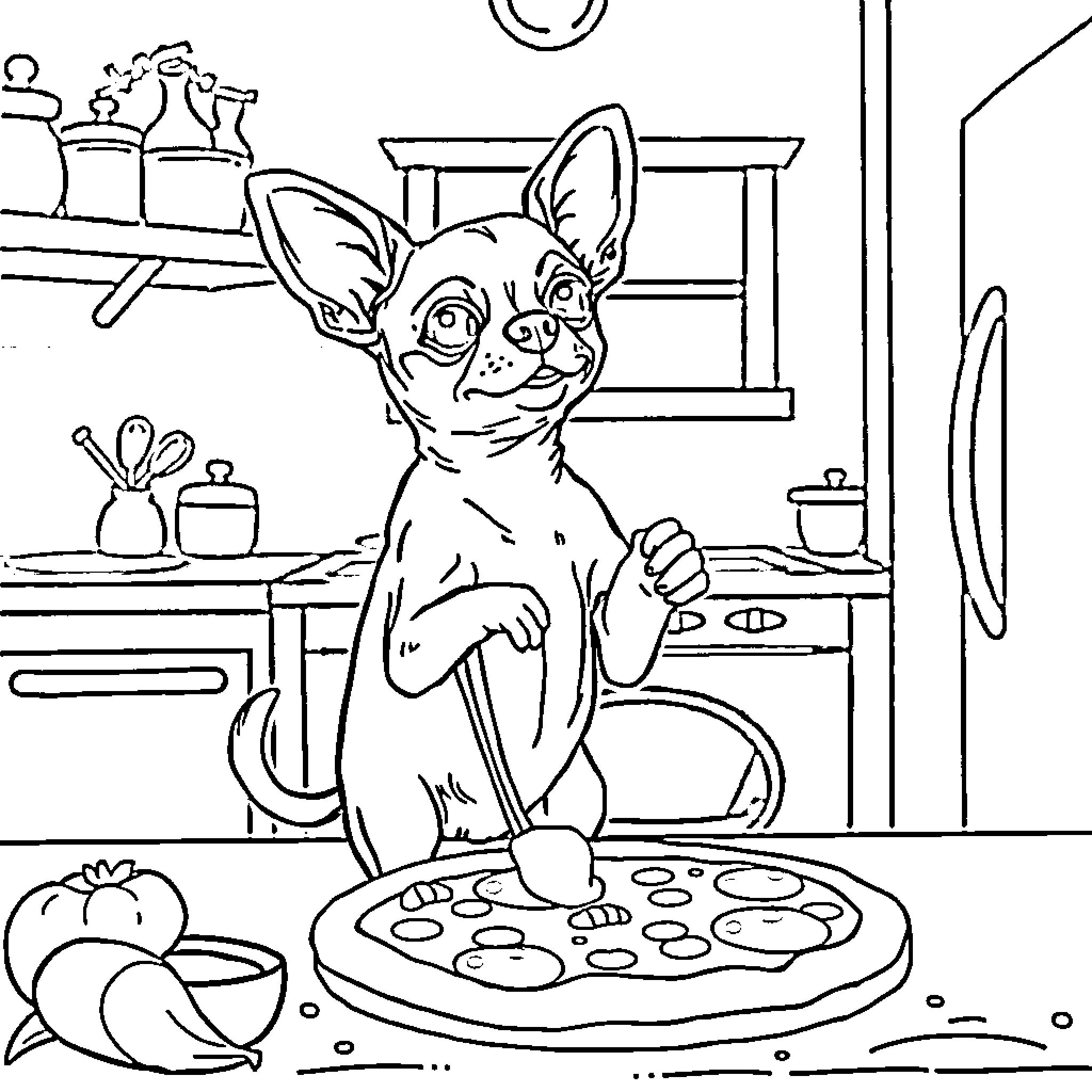 Chihuahua enjoying a pizza in the kitchen Coloring Page (free black-and-white line drawing printable PDF for all, from beginners to advanced learners, including children, teens, adults, and seniors)