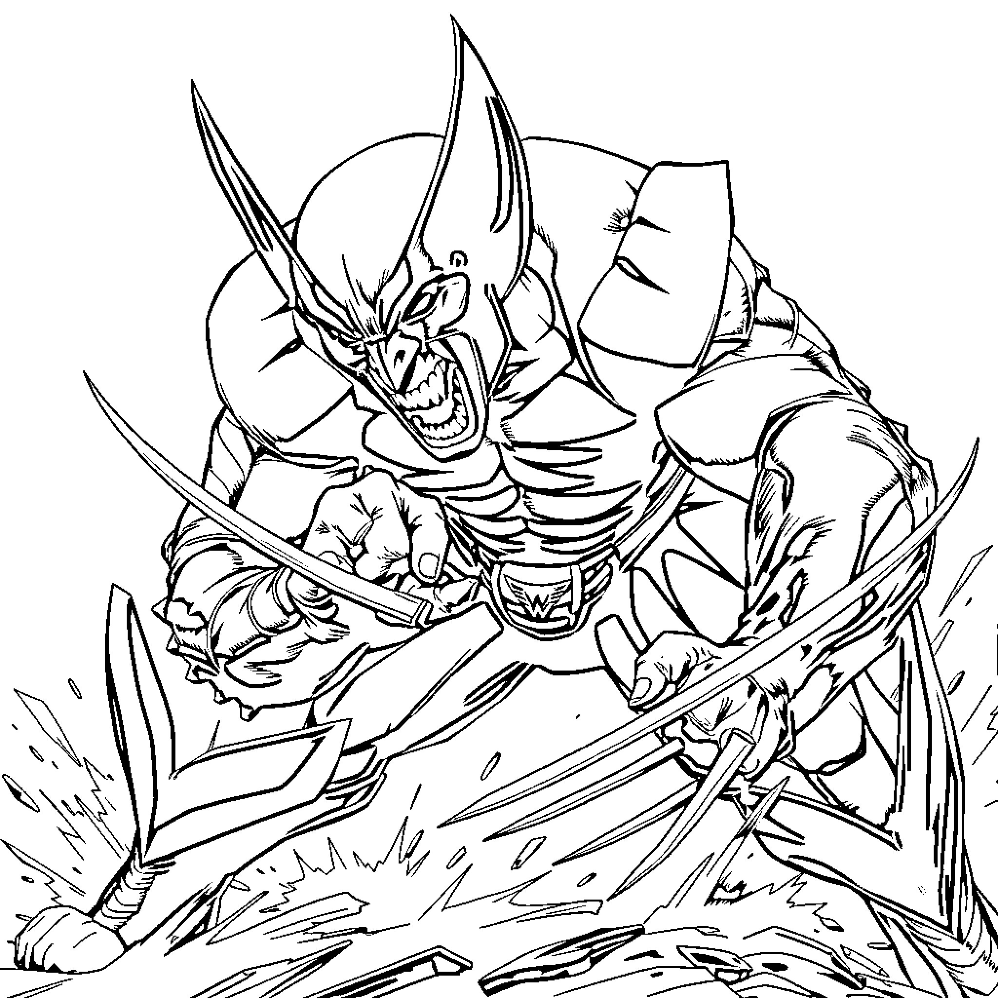 Wolverine in fierce battle stance Coloring Page (free black-and-white line drawing printable PDF for all, from beginners to advanced learners, including children, teens, adults, and seniors)