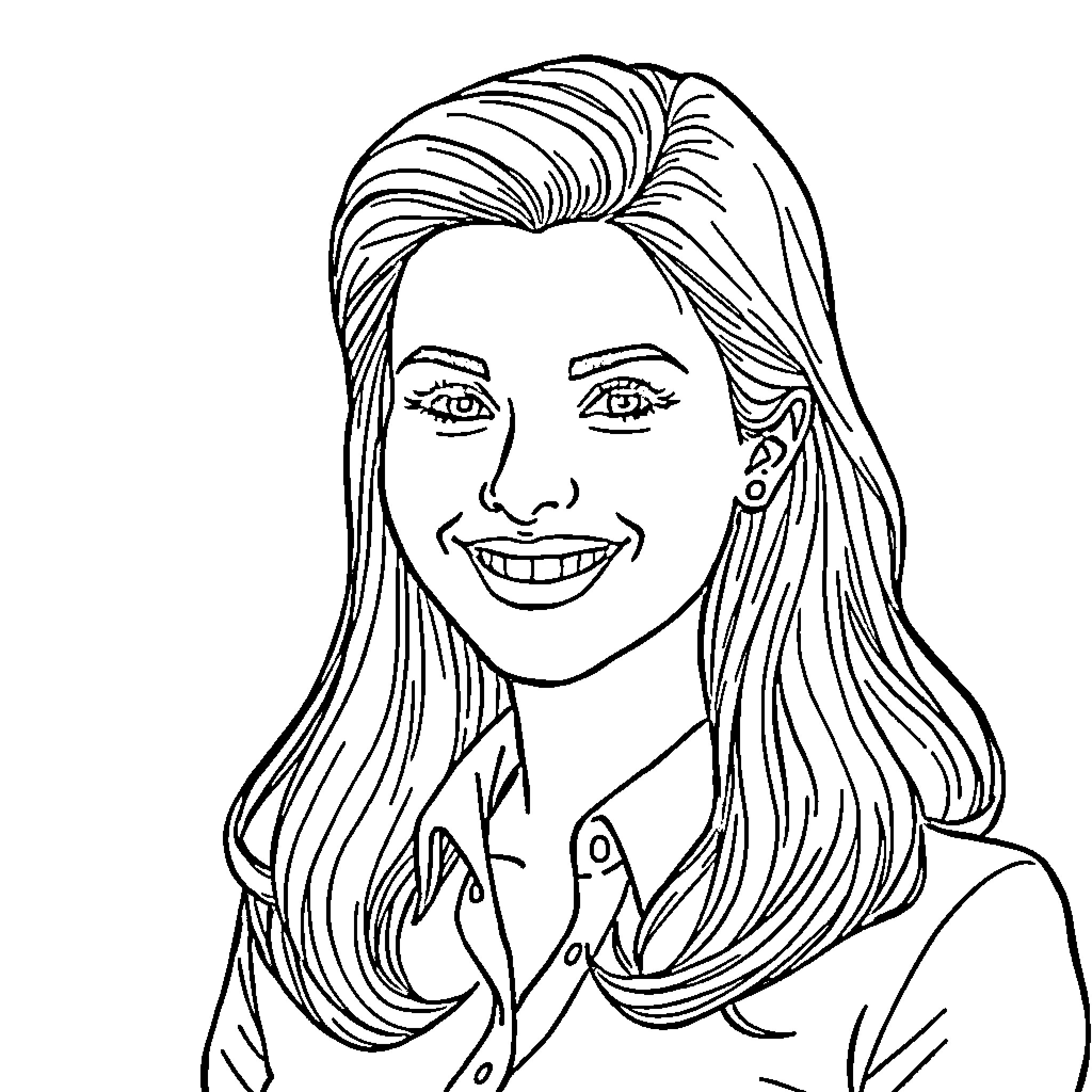 Profesora smiling warmly in her formal attire Coloring Page (free black-and-white line drawing printable PDF for all, from beginners to advanced learners, including children, teens, adults, and seniors)