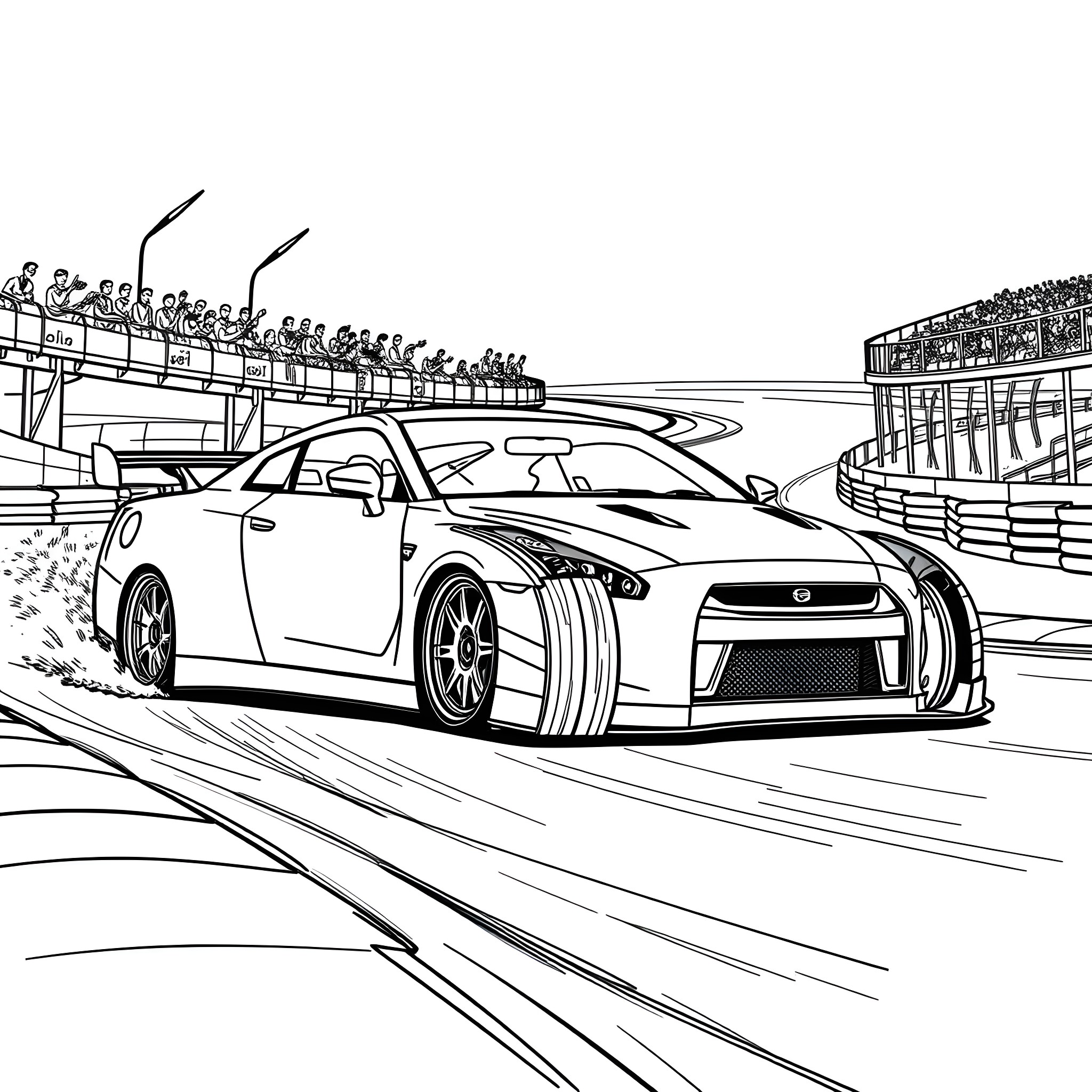 Nissan sports car racing at high speed on the track Coloring Page (free black-and-white line drawing printable PDF for all, from beginners to advanced learners, including children, teens, adults, and seniors)