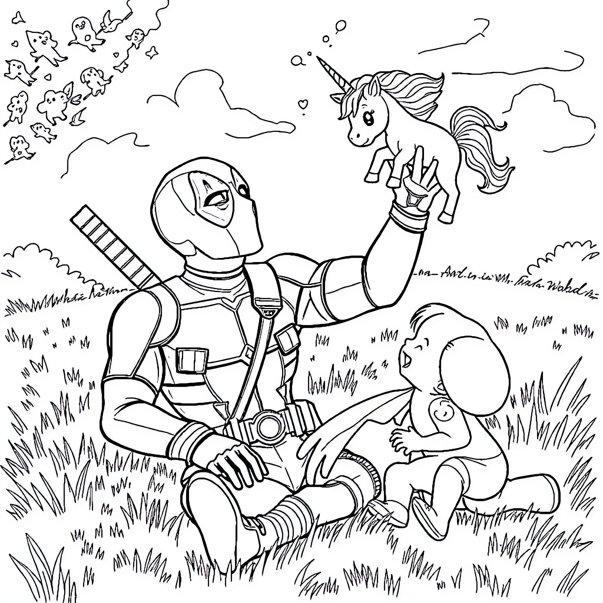 Deadpool's Whimsical Encounter with a Magical Unicorn Coloring Page (free black-and-white line drawing printable PDF for all, from beginners to advanced learners, including children, teens, adults, and seniors)