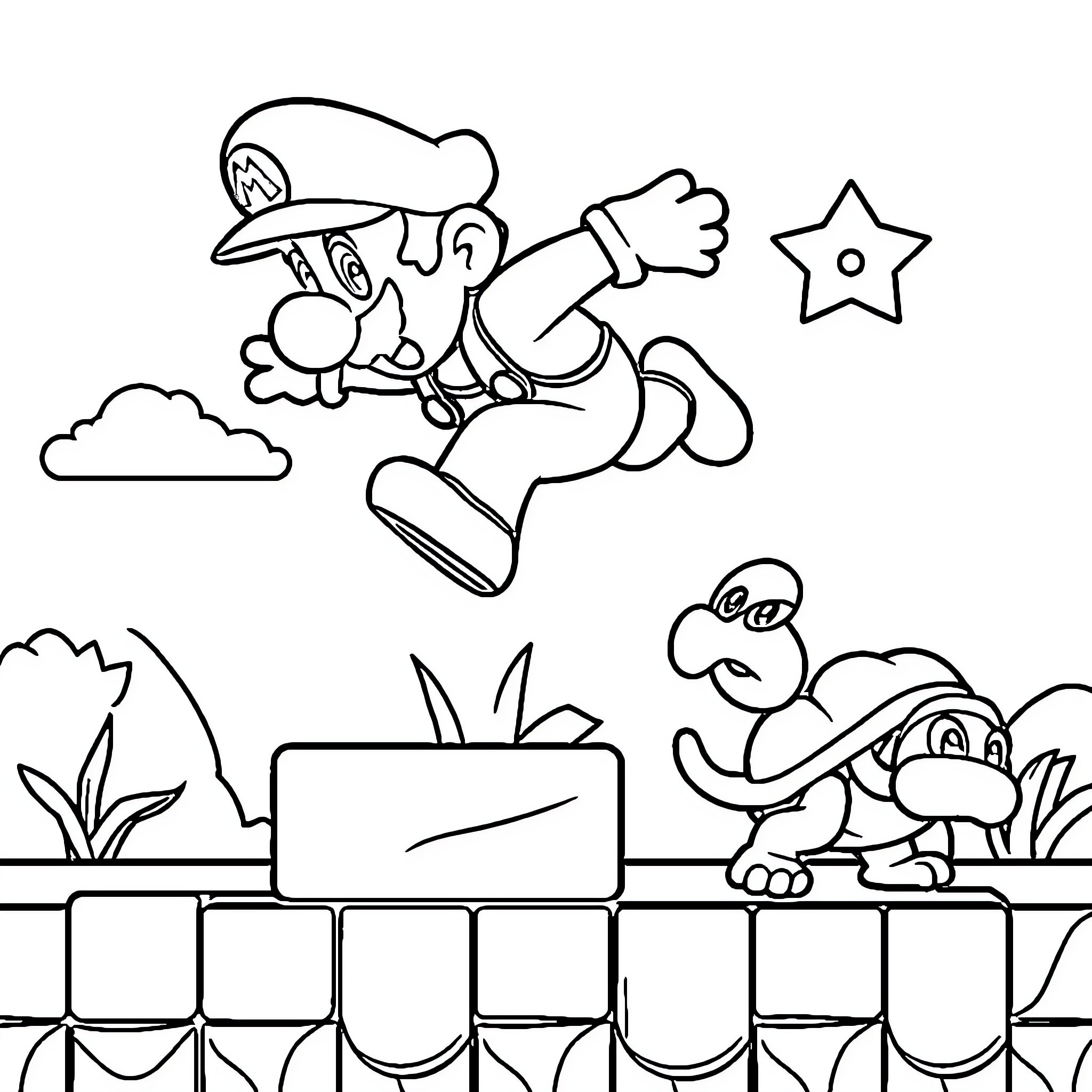 Mario's Platforming Adventure Coloring Page (free black-and-white line drawing printable PDF for all, from beginners to advanced learners, including children, teens, adults, and seniors)