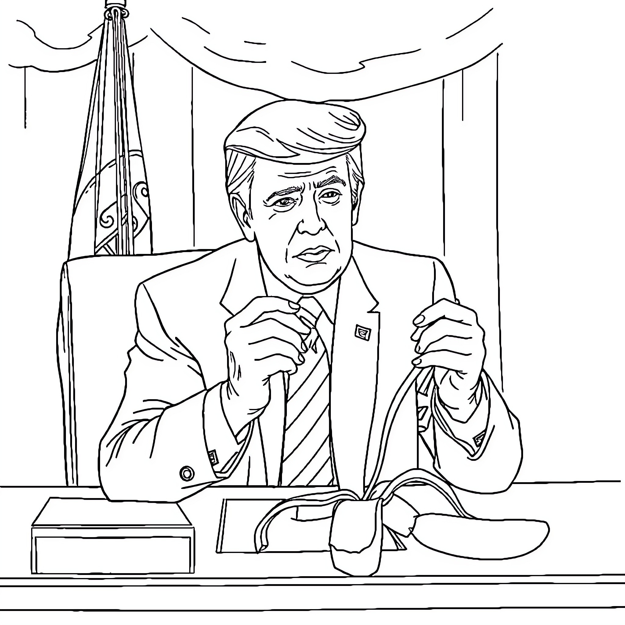 President Giving Speech in Oval Office Coloring Page (free black-and-white line drawing printable PDF for all, from beginners to advanced learners, including children, teens, adults, and seniors)