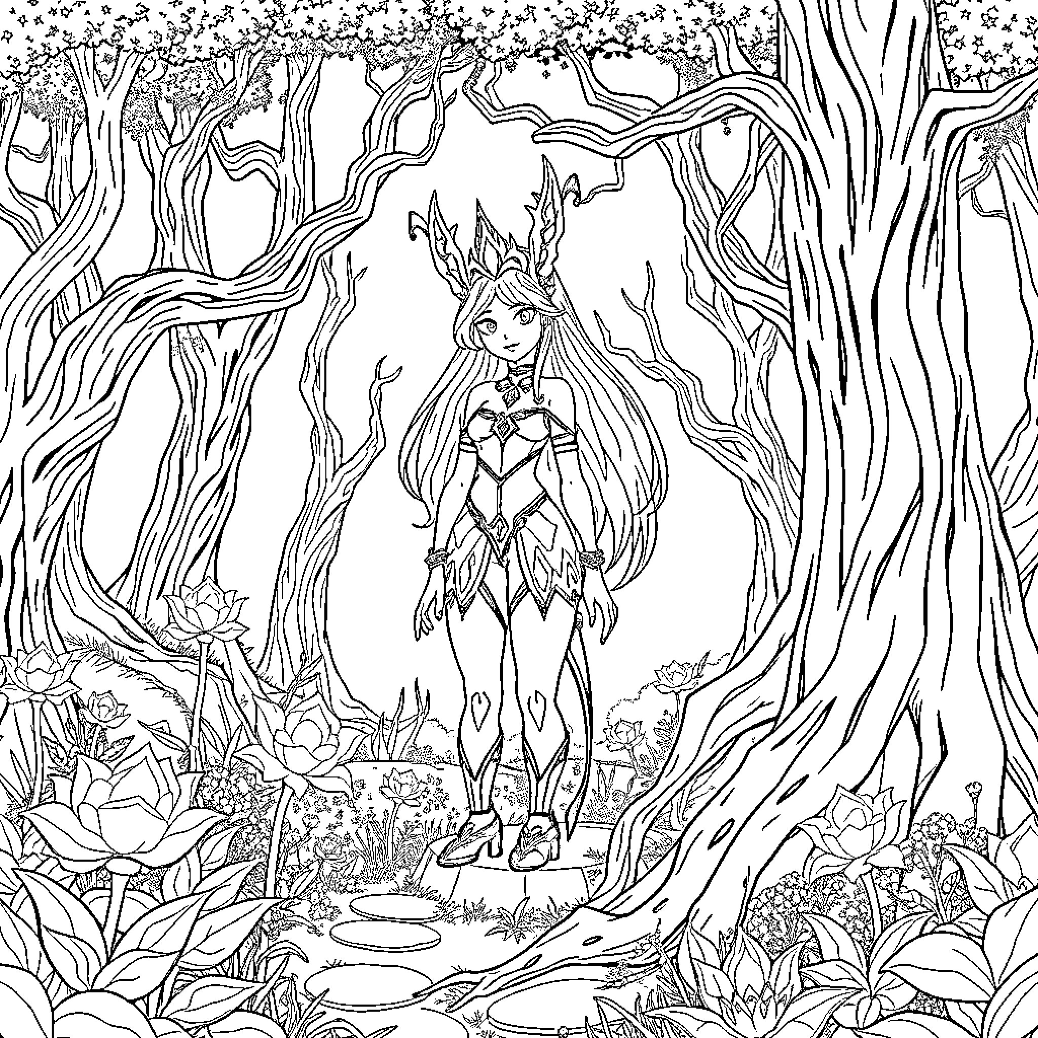 Mira de Huntrix stands in a fantastical forest landscape Coloring Page (free black-and-white line drawing printable PDF for all, from beginners to advanced learners, including children, teens, adults, and seniors)