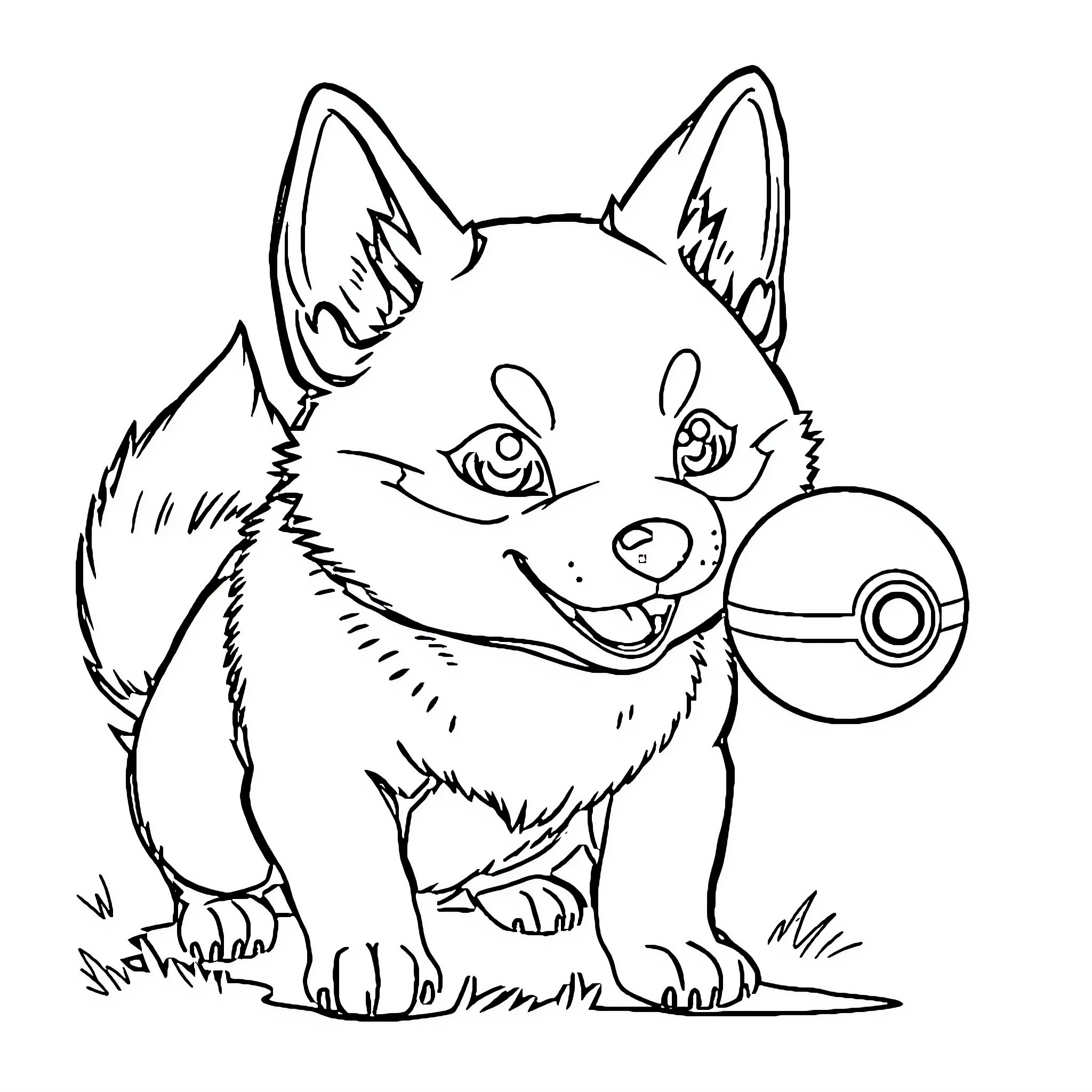 Shiba Inu holding a Pokeball Coloring Page (free black-and-white line drawing printable PDF for all, from beginners to advanced learners, including children, teens, adults, and seniors)