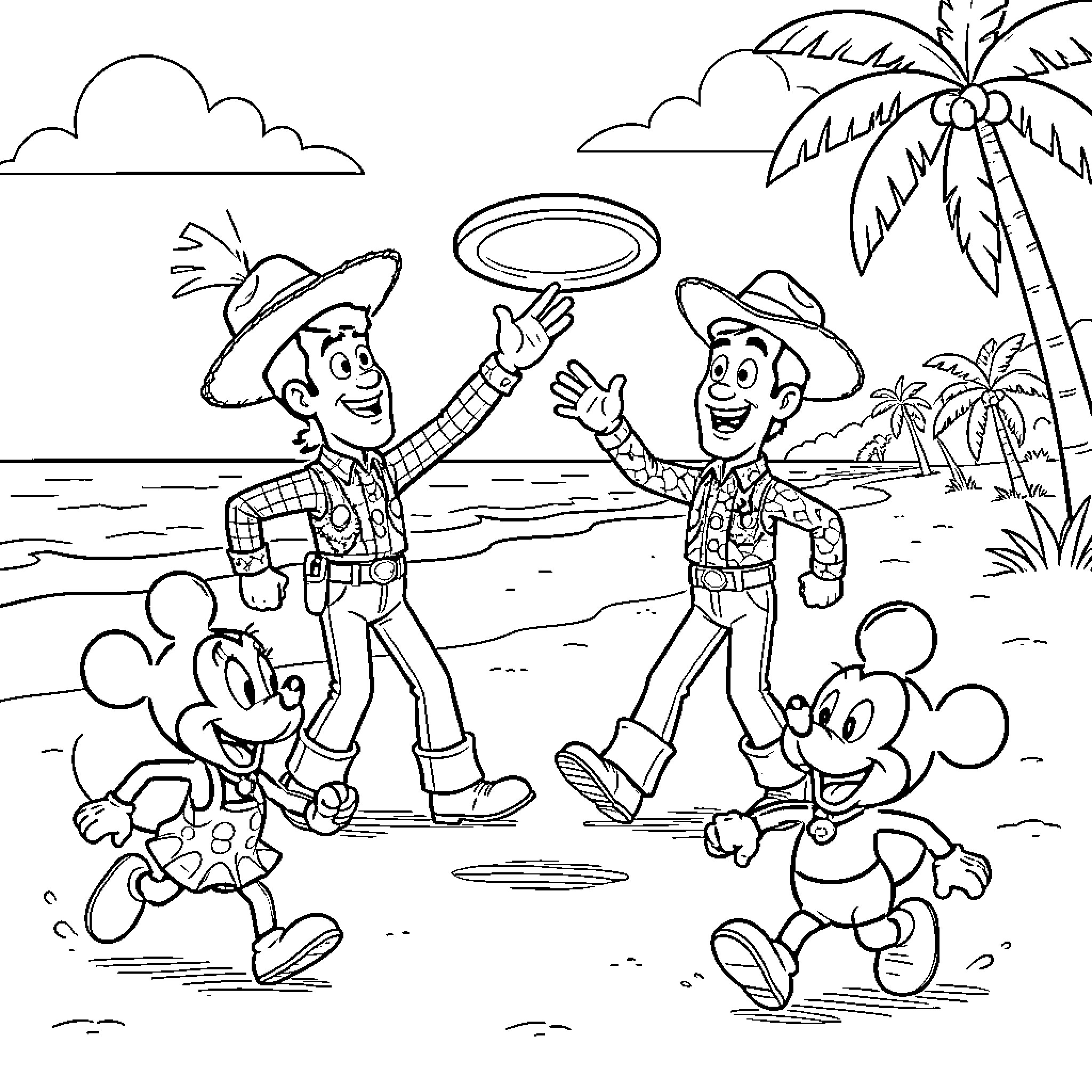 Buzz and Woody playing frisbee on a tropical beach Coloring Page (free black-and-white line drawing printable PDF for all, from beginners to advanced learners, including children, teens, adults, and seniors)