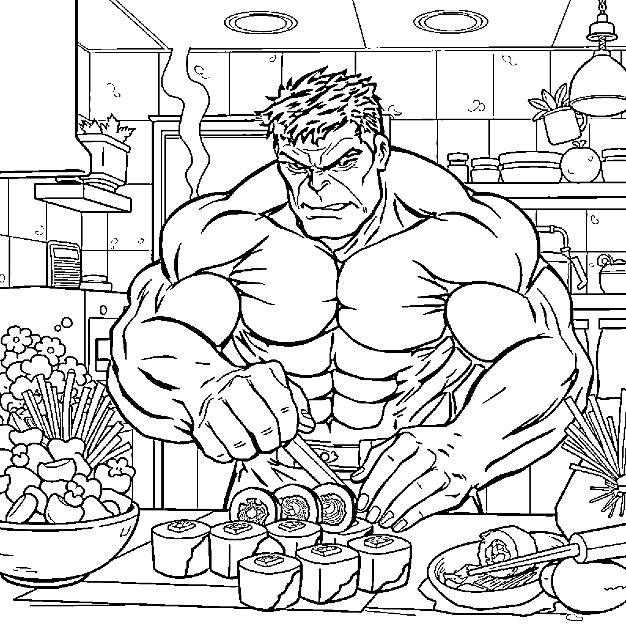 Hulk Preparing His Favorite Meal in the Kitchen Coloring Page (free black-and-white line drawing printable PDF for all, from beginners to advanced learners, including children, teens, adults, and seniors)