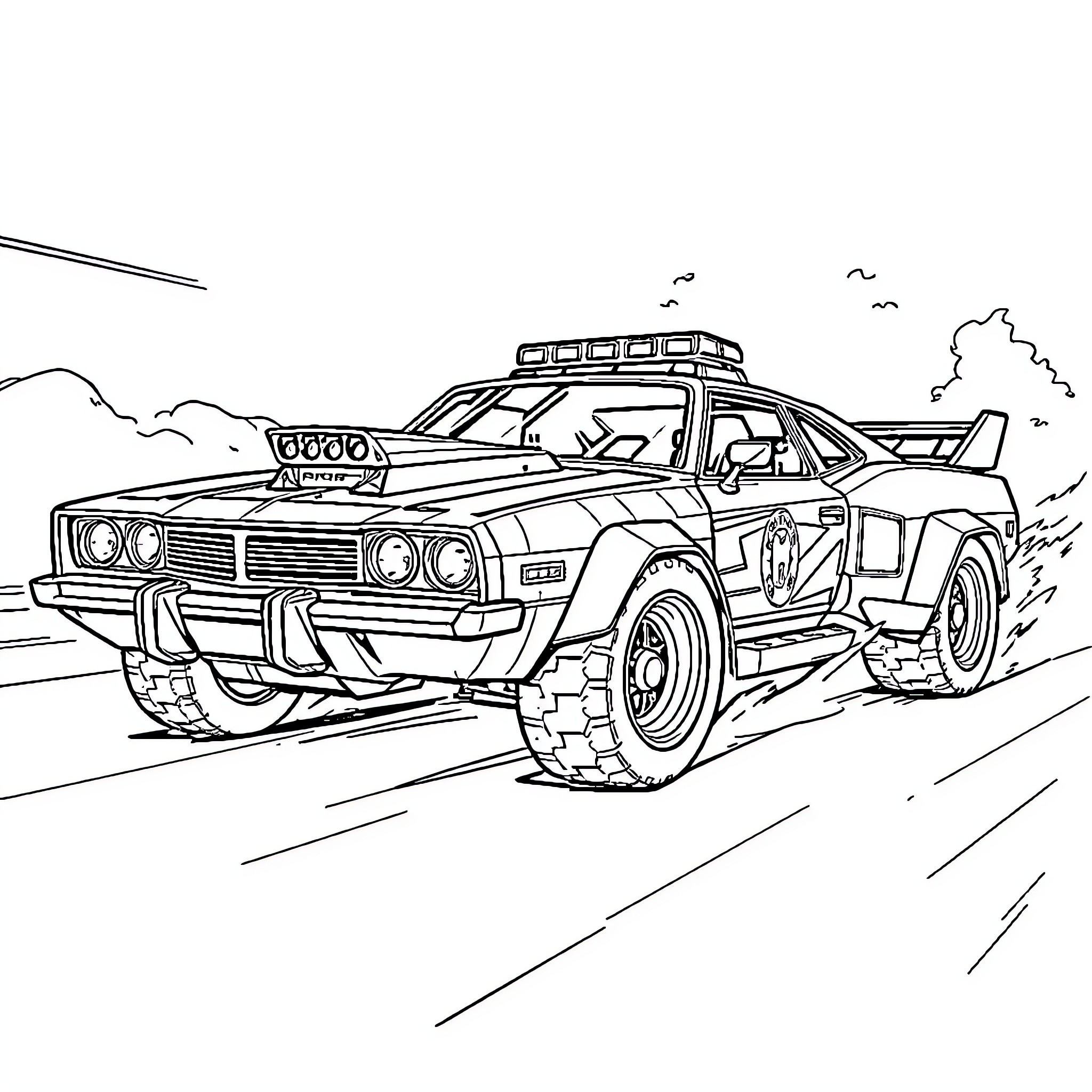 Vigilante 8 police car in action on the road Coloring Page (free black-and-white line drawing printable PDF for all, from beginners to advanced learners, including children, teens, adults, and seniors)