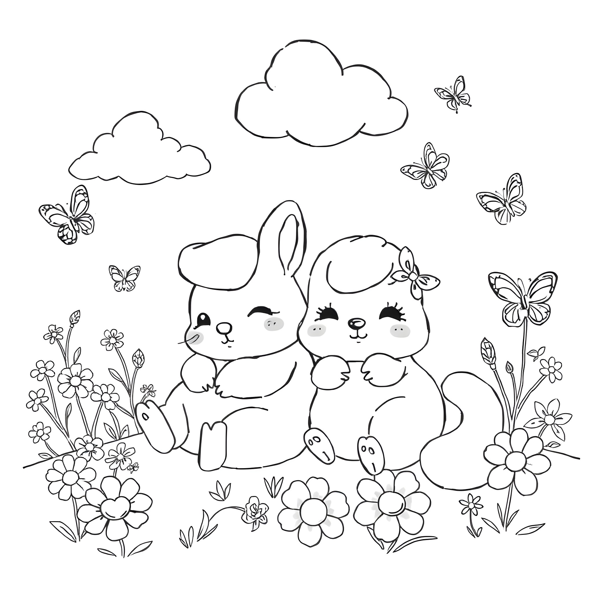 Cinnamonroll bunnies playing in a floral field Coloring Page (free black-and-white line drawing printable PDF for all, from beginners to advanced learners, including children, teens, adults, and seniors)