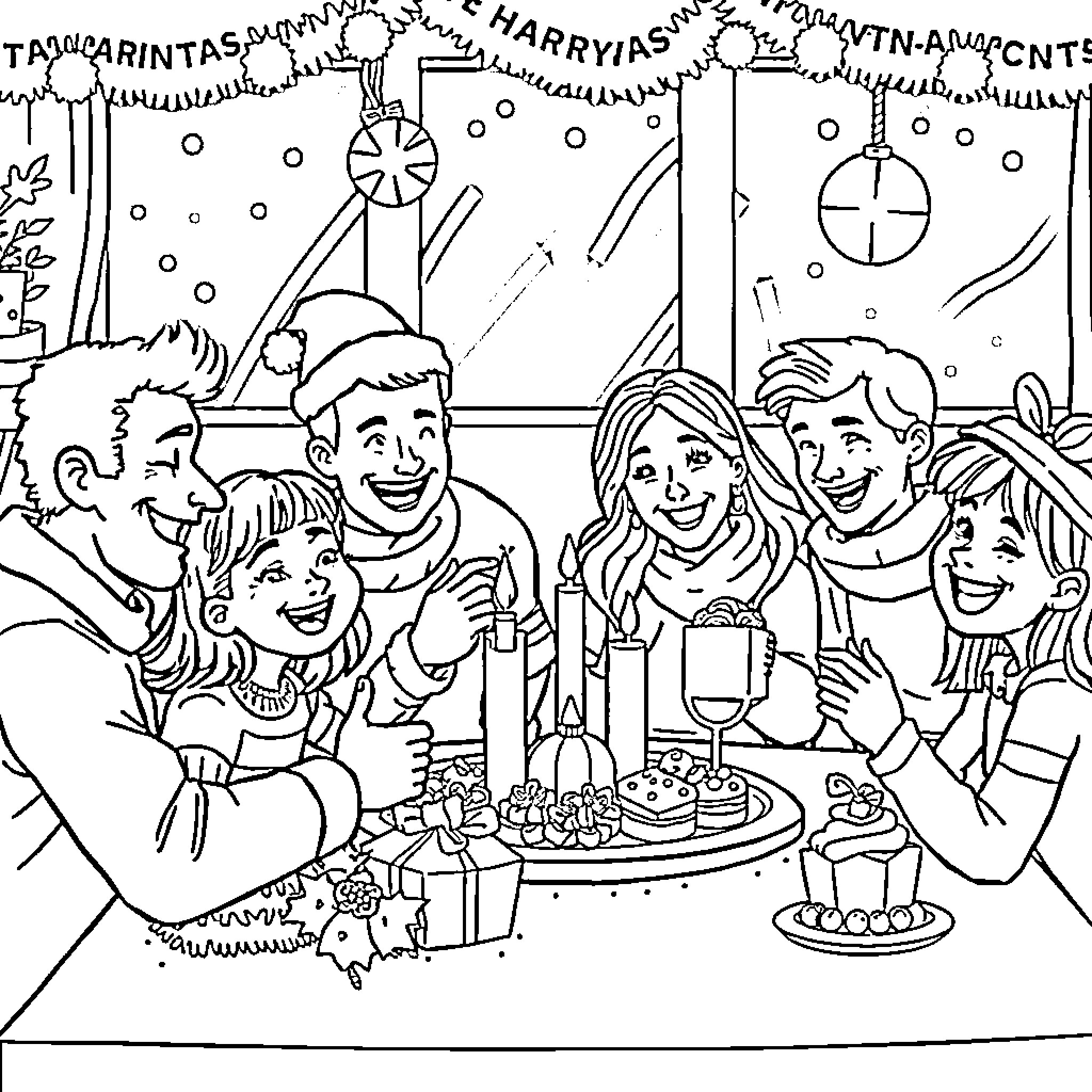 Family Gathered for a Festive Celebration Coloring Page (free black-and-white line drawing printable PDF for all, from beginners to advanced learners, including children, teens, adults, and seniors)