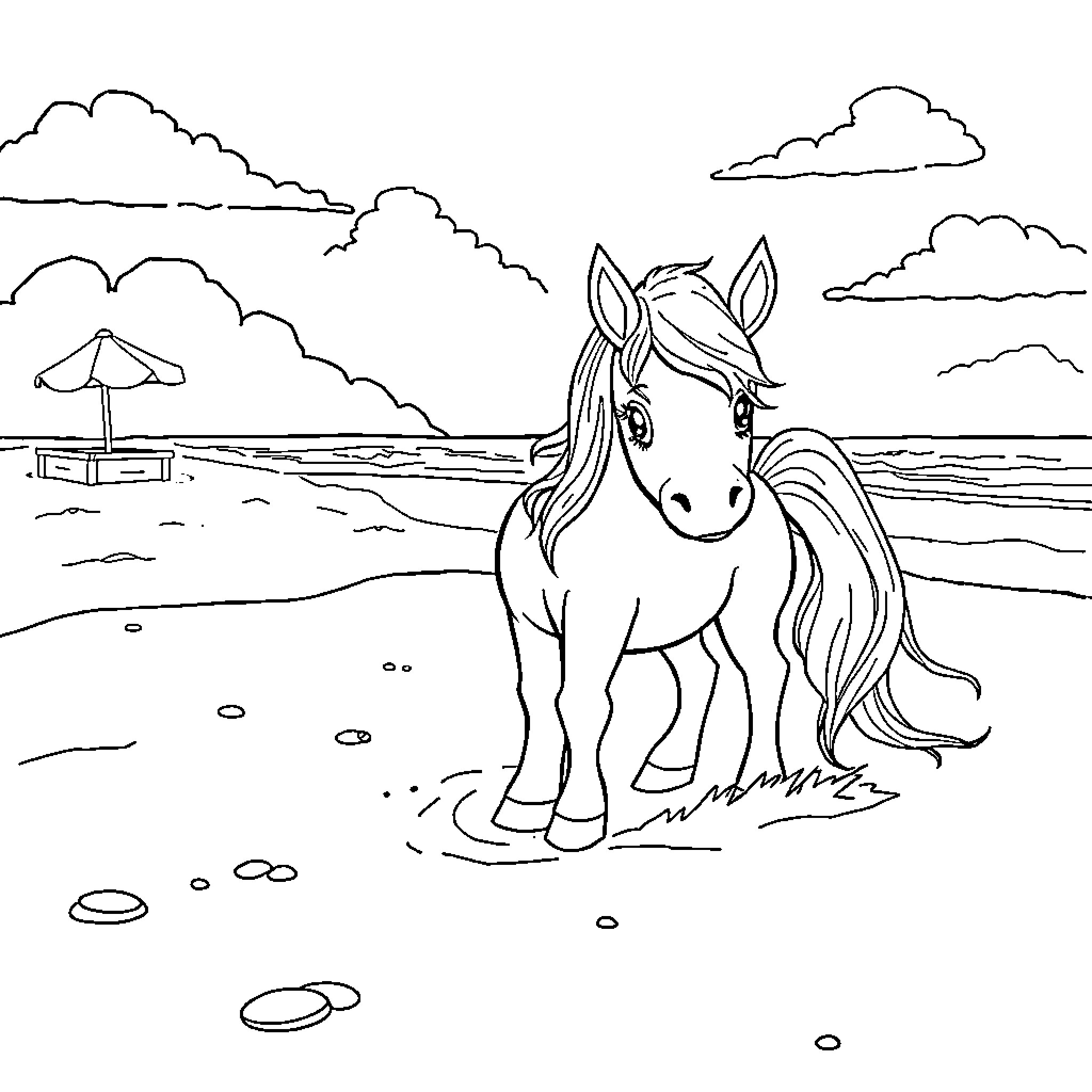 Pony playing happily on the beach Coloring Page (free black-and-white line drawing printable PDF for all, from beginners to advanced learners, including children, teens, adults, and seniors)