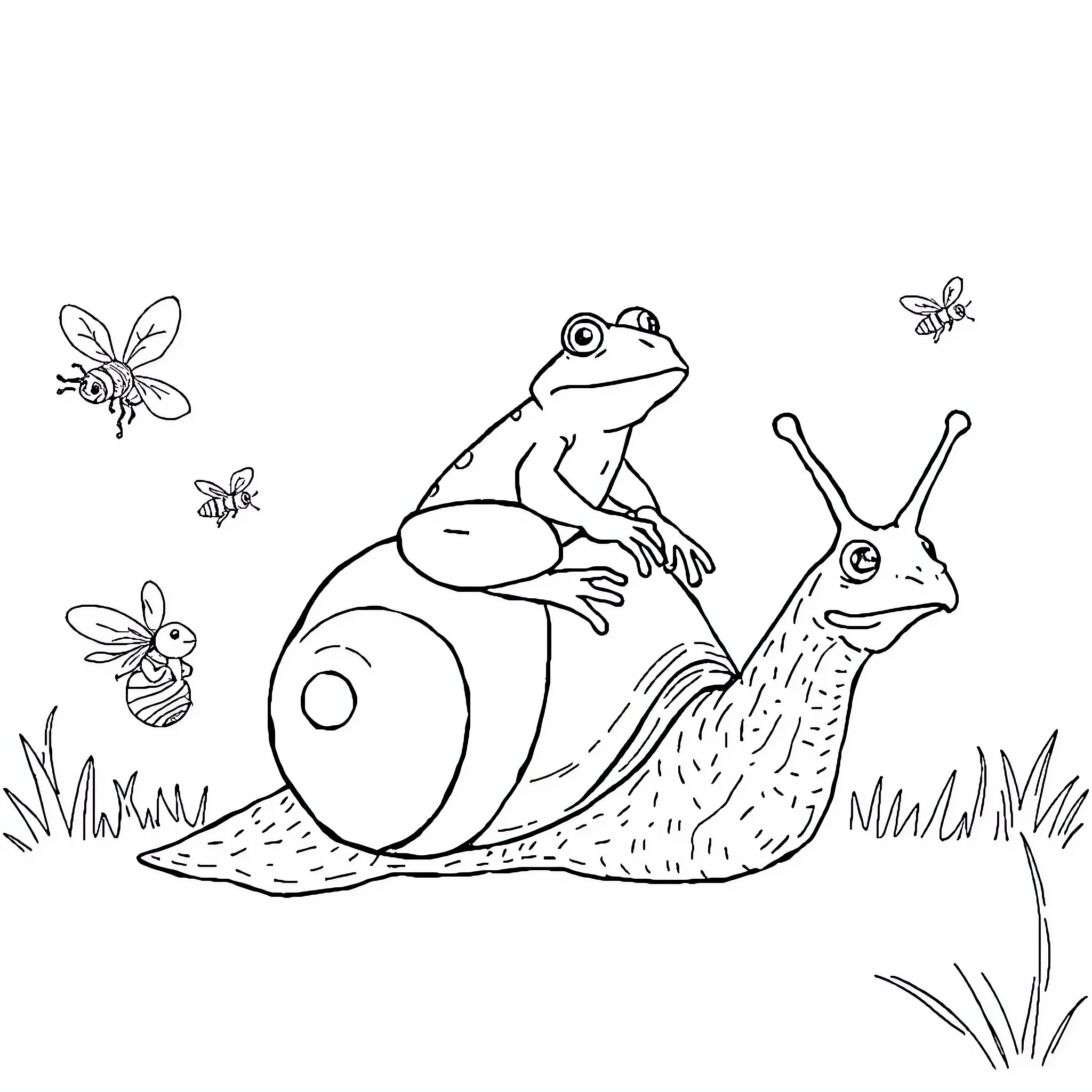 Frog riding a snail and surrounded by insects Coloring Page (free black-and-white line drawing printable PDF for all, from beginners to advanced learners, including children, teens, adults, and seniors)