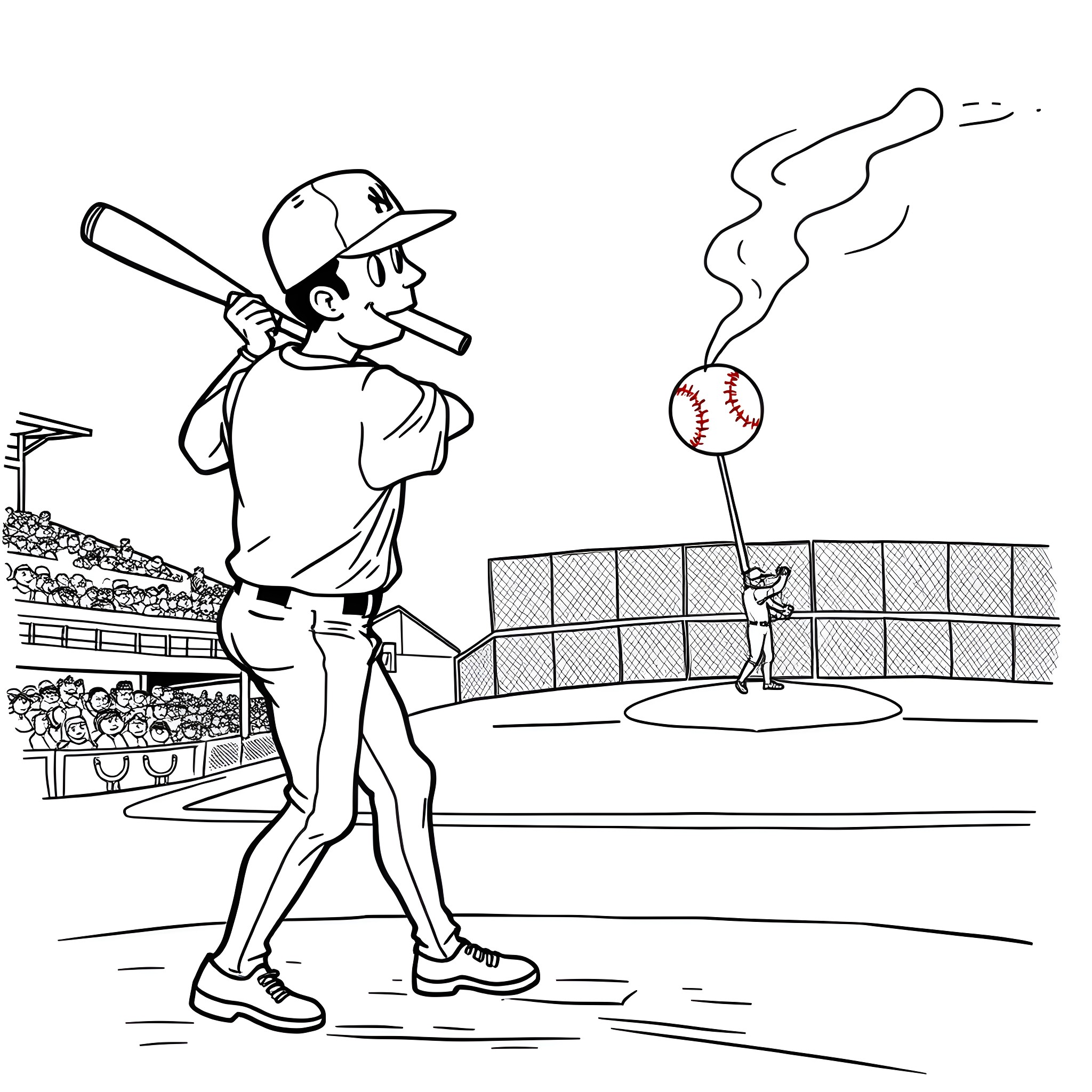 Baseball Player About to Swing at the Pitch Coloring Page (free black-and-white line drawing printable PDF for all, from beginners to advanced learners, including children, teens, adults, and seniors)