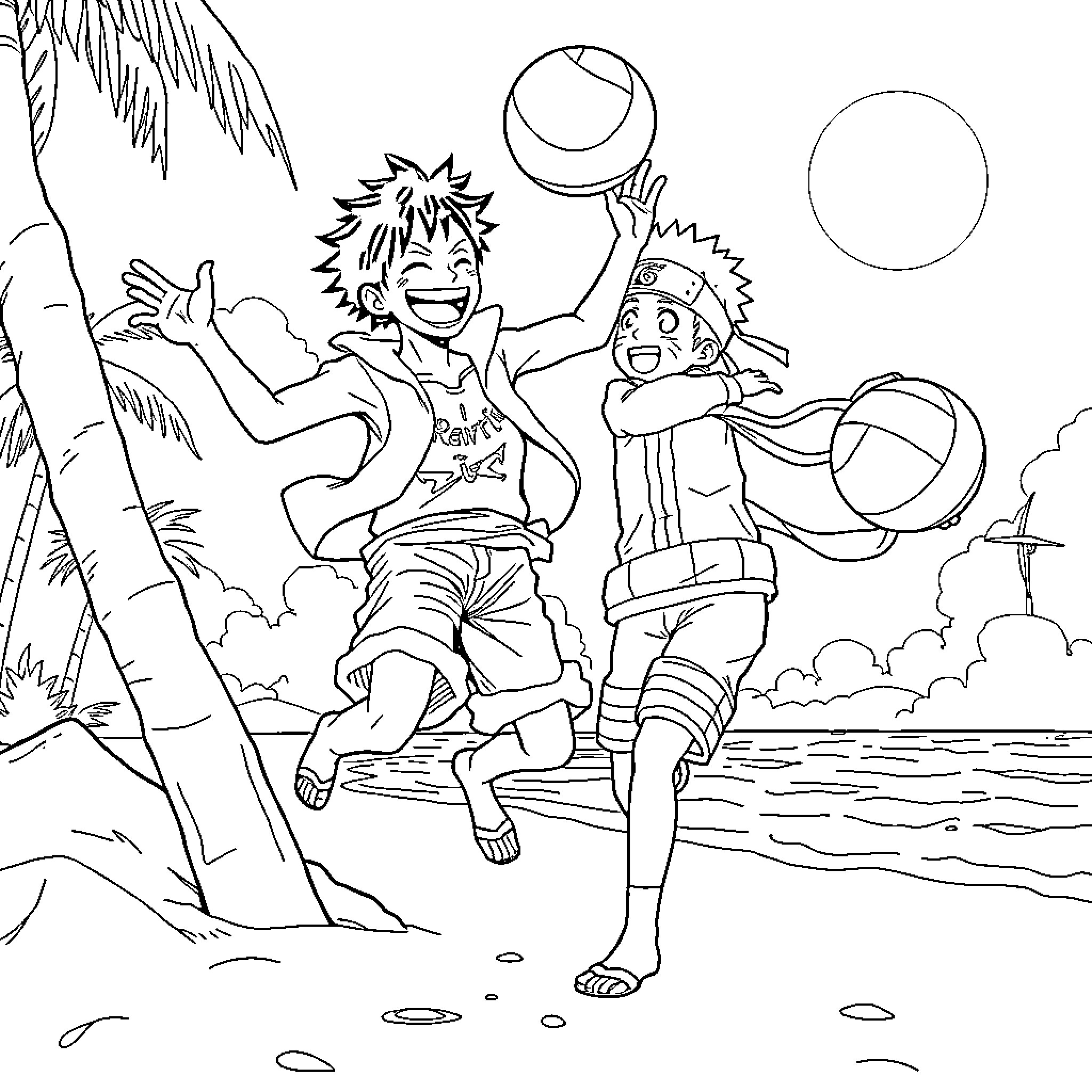 Luffy and Chopper Playing Joyfully on the Beach Coloring Page (free black-and-white line drawing printable PDF for all, from beginners to advanced learners, including children, teens, adults, and seniors)