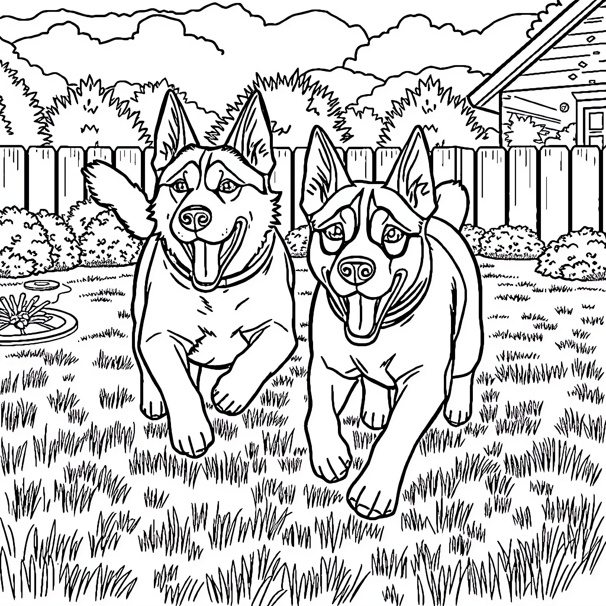 Dogs playing together in the backyard Coloring Page (free black-and-white line drawing printable PDF for all, from beginners to advanced learners, including children, teens, adults, and seniors)