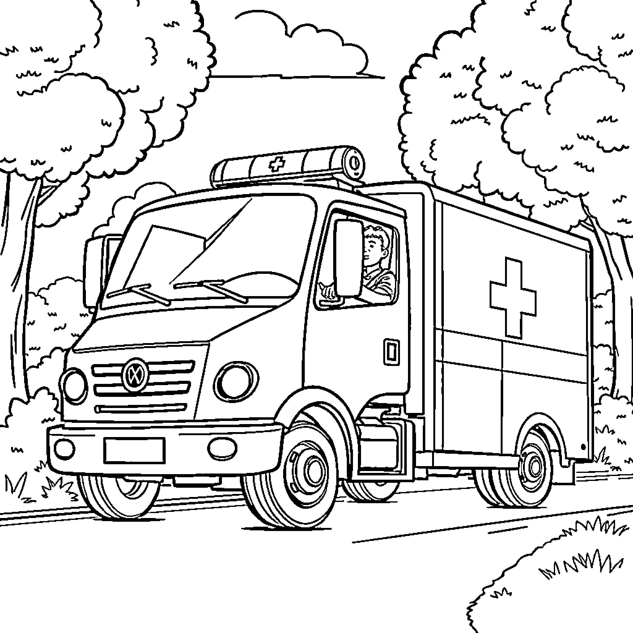 Pompier driving an ambulance through a scenic road Coloring Page (free black-and-white line drawing printable PDF for all, from beginners to advanced learners, including children, teens, adults, and seniors)