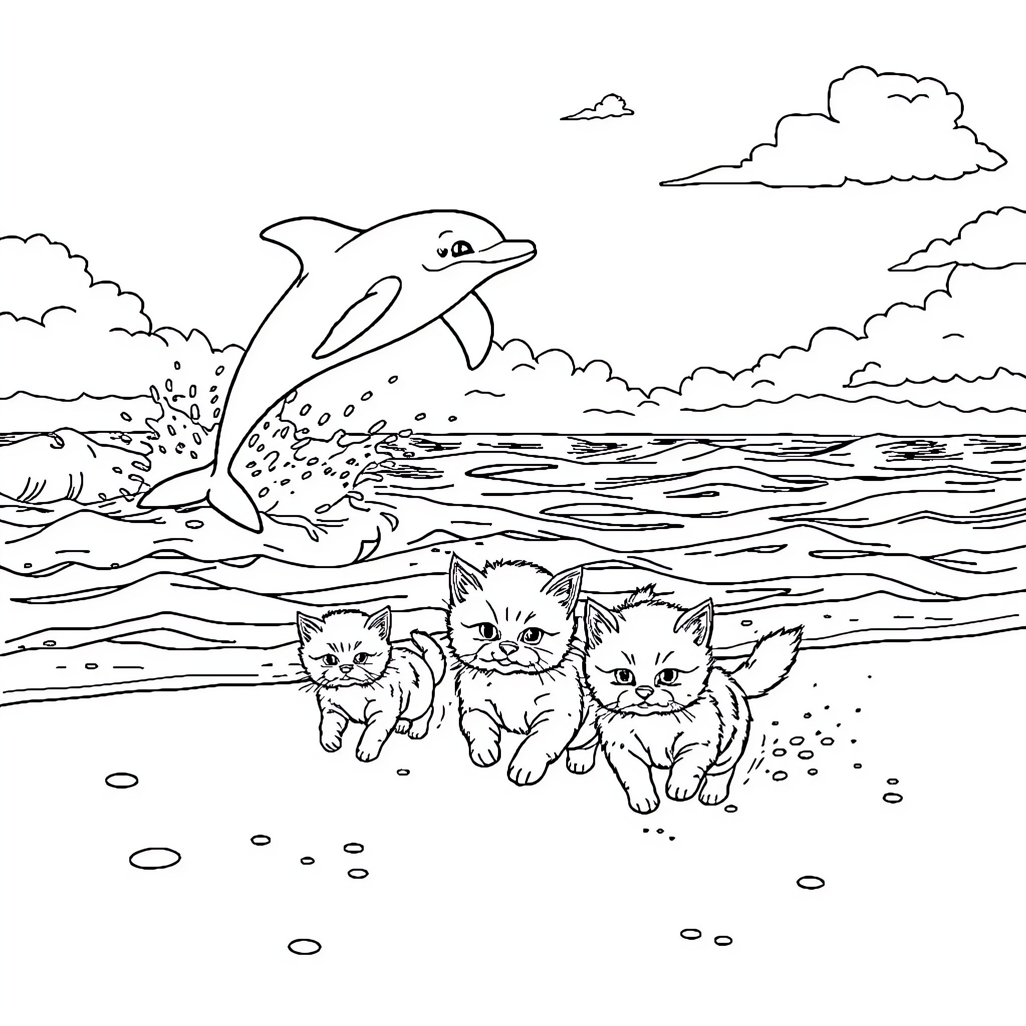 Dolphin splashing in the waves with kittens on the beach Coloring Page (free black-and-white line drawing printable PDF for all, from beginners to advanced learners, including children, teens, adults, and seniors)