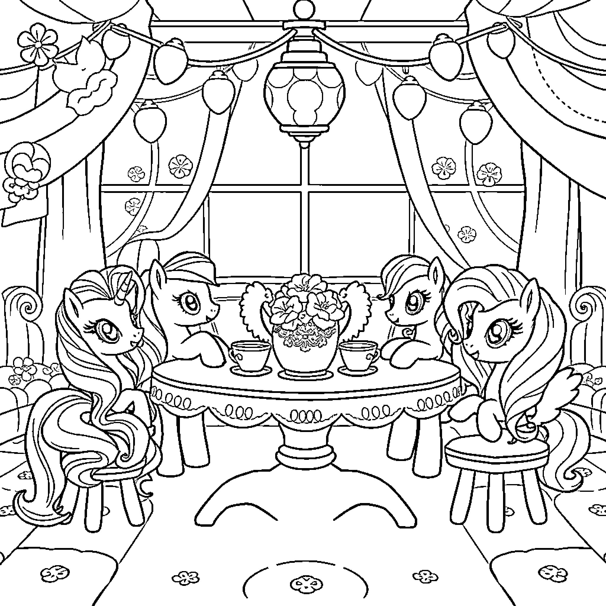 Pony Tea Party with Decorative Lights and Flowers Coloring Page (free black-and-white line drawing printable PDF for all, from beginners to advanced learners, including children, teens, adults, and seniors)