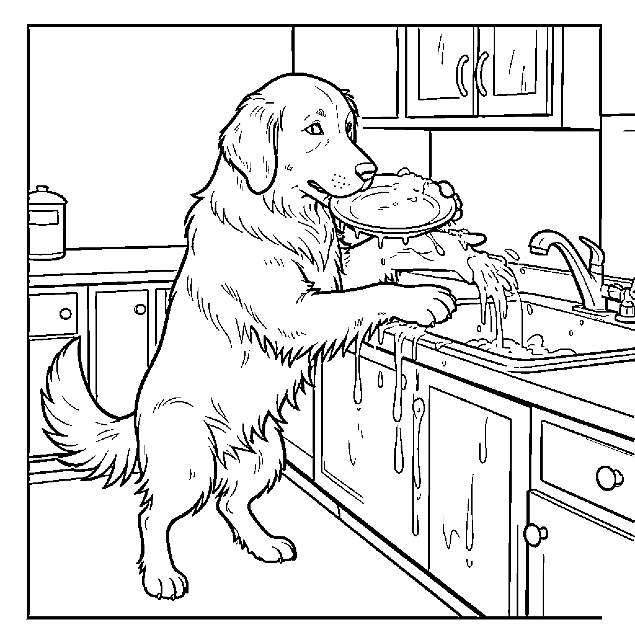 Golden Retriever Helping in the Kitchen Coloring Page (free black-and-white line drawing printable PDF for all, from beginners to advanced learners, including children, teens, adults, and seniors)