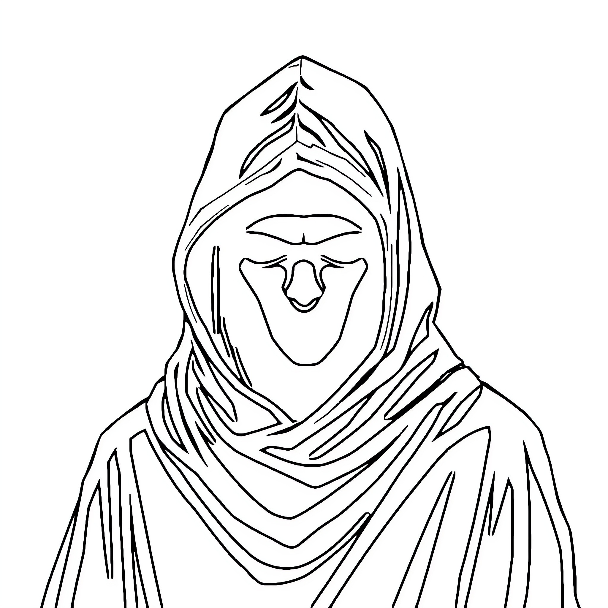 Anonymous woman in flowing hooded garment Coloring Page (free black-and-white line drawing printable PDF for all, from beginners to advanced learners, including children, teens, adults, and seniors)