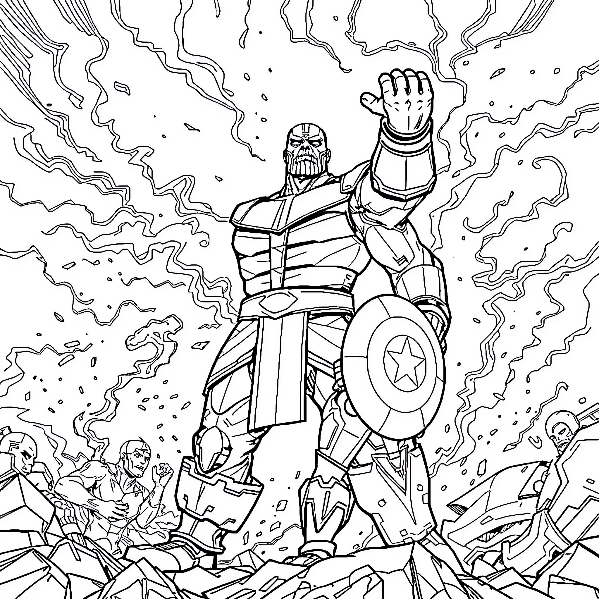 Thanos wielding cosmic power against his enemies Coloring Page (free black-and-white line drawing printable PDF for all, from beginners to advanced learners, including children, teens, adults, and seniors)