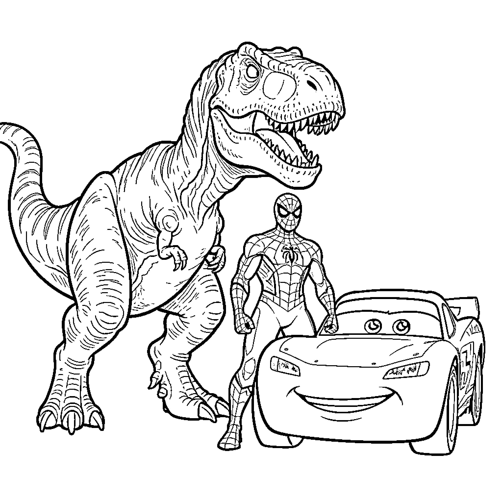 T-Rex standing with superhero and racing car Coloring Page (free black-and-white line drawing printable PDF for all, from beginners to advanced learners, including children, teens, adults, and seniors)