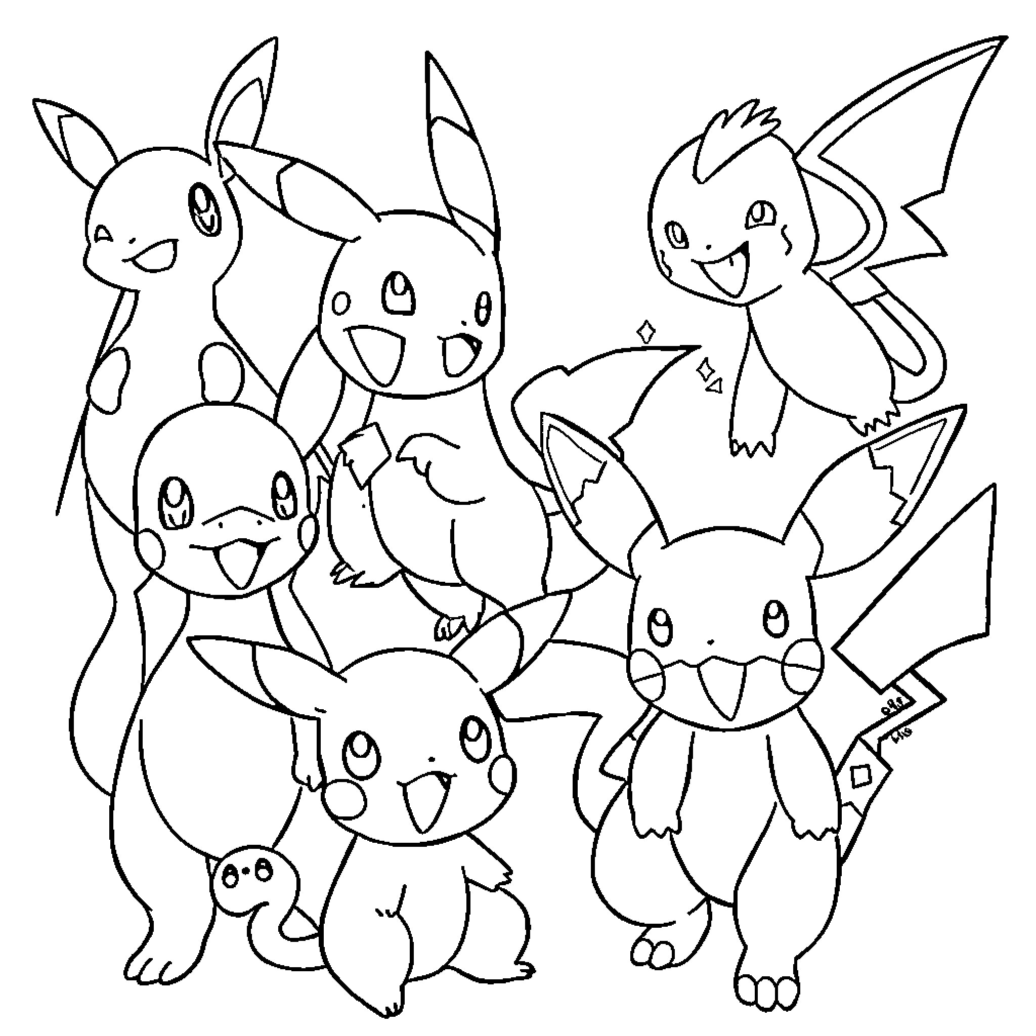 Pokémon characters gathered together in a group Coloring Page (free black-and-white line drawing printable PDF for all, from beginners to advanced learners, including children, teens, adults, and seniors)