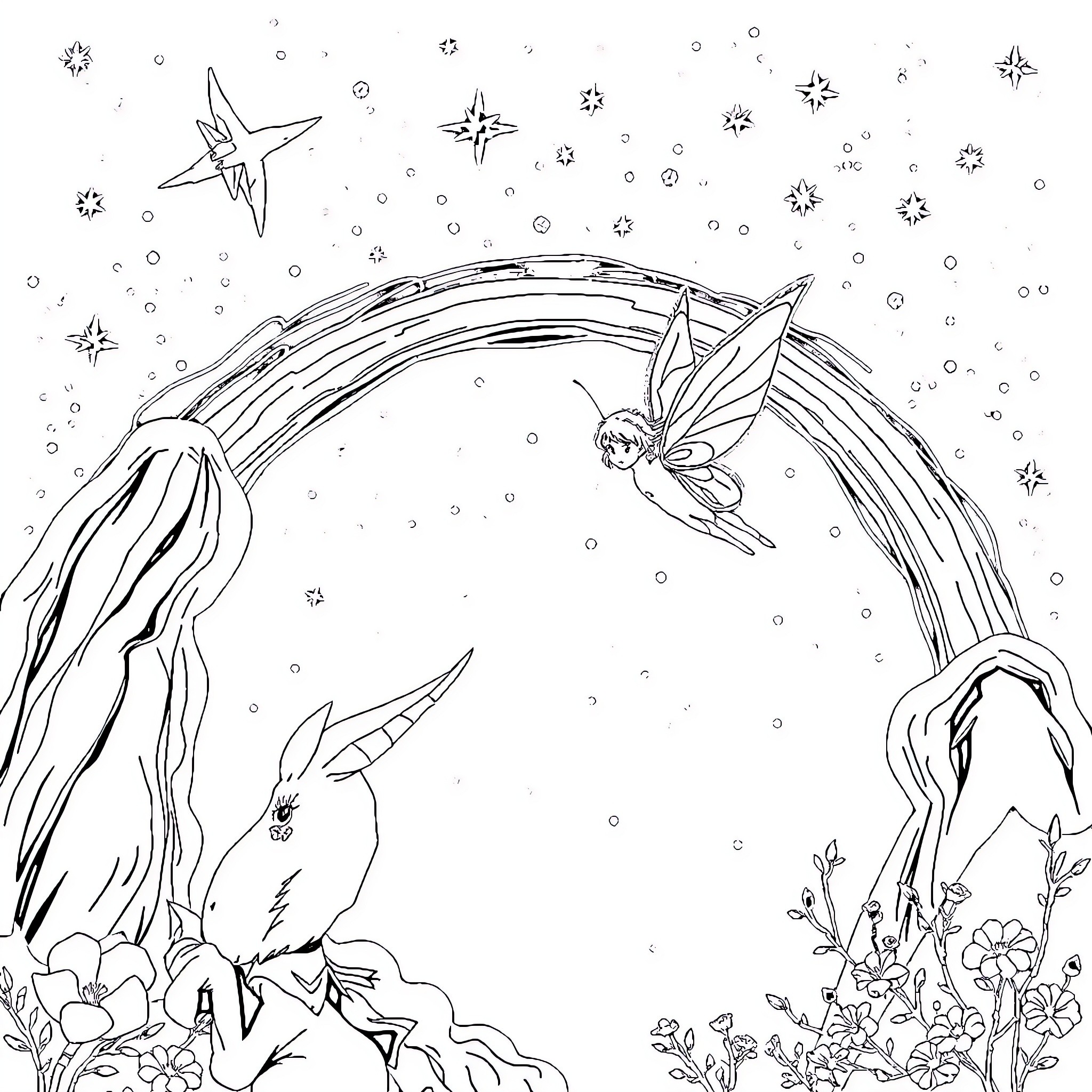 Feeiry dancing among stars and flowers Coloring Page (free black-and-white line drawing printable PDF for all, from beginners to advanced learners, including children, teens, adults, and seniors)