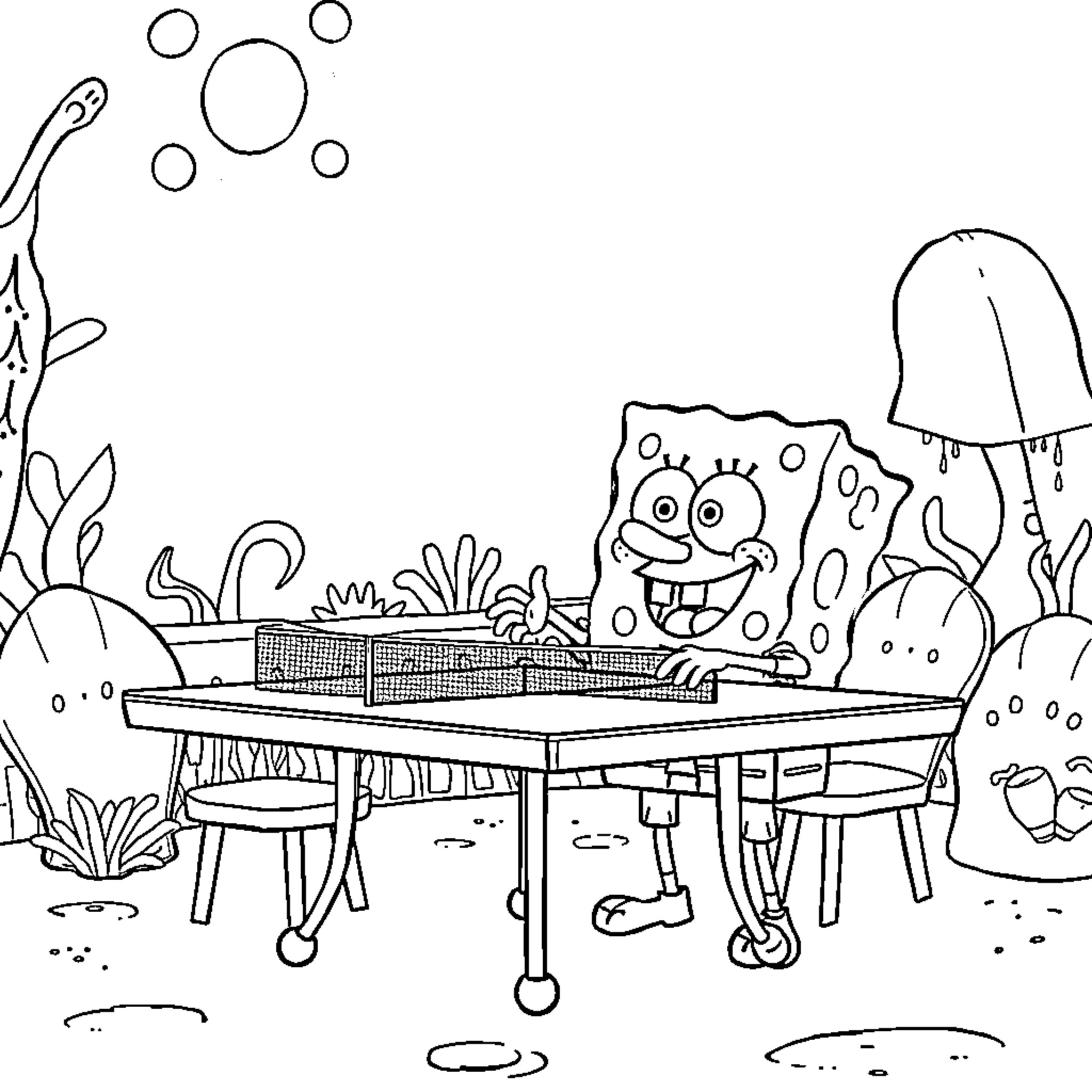 Spongebob playing table tennis with underwater friends Coloring Page (free black-and-white line drawing printable PDF for all, from beginners to advanced learners, including children, teens, adults, and seniors)
