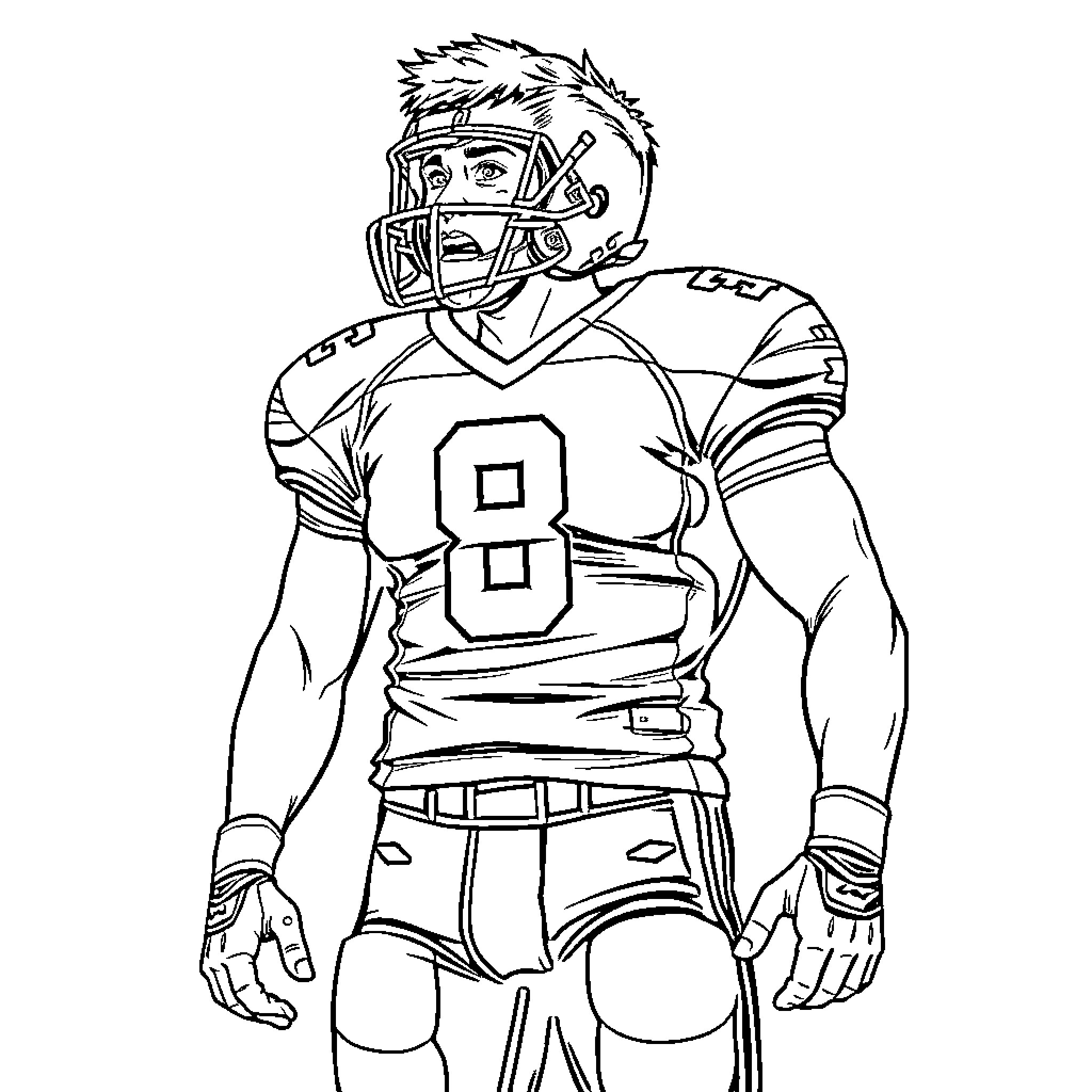 Football Player Celebrating Touchdown on the Field Coloring Page (free black-and-white line drawing printable PDF for all, from beginners to advanced learners, including children, teens, adults, and seniors)