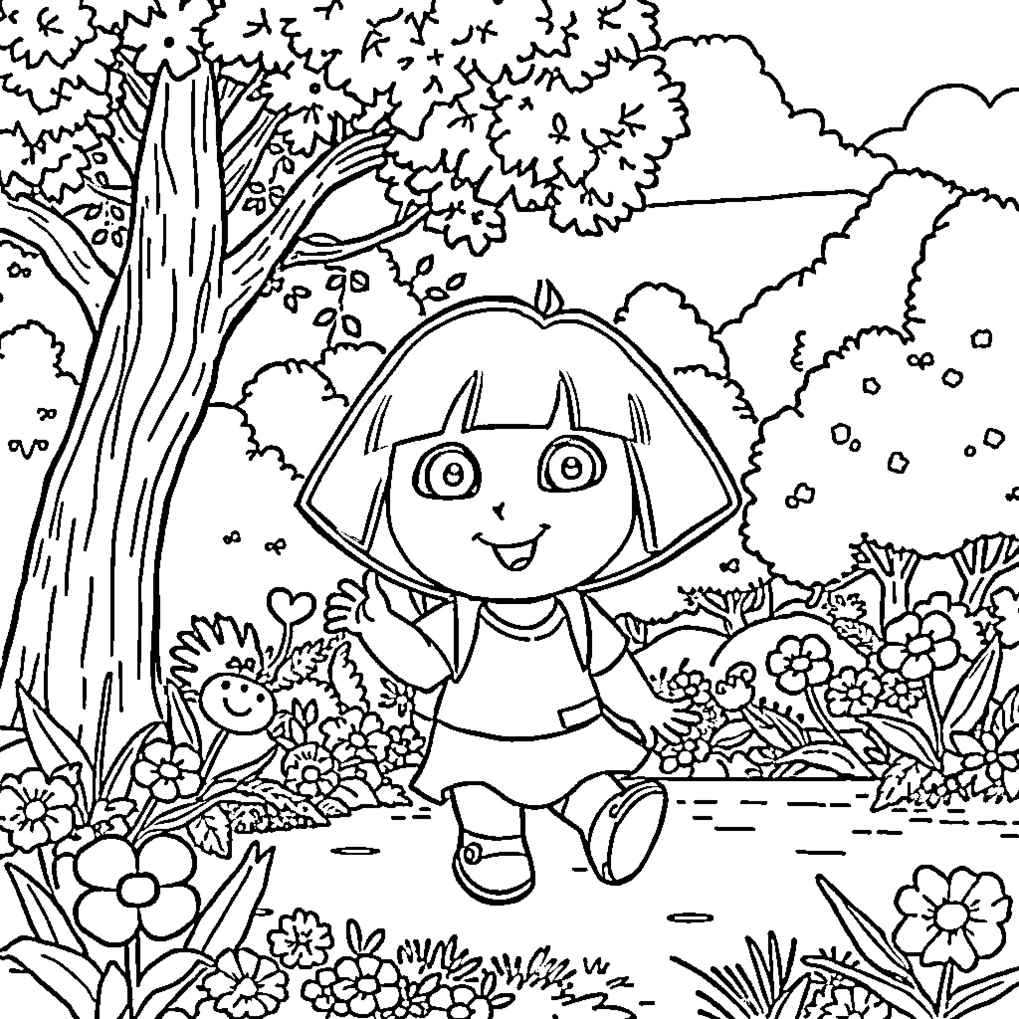 Dora exploring the magical forest Coloring Page (free black-and-white line drawing printable PDF for all, from beginners to advanced learners, including children, teens, adults, and seniors)