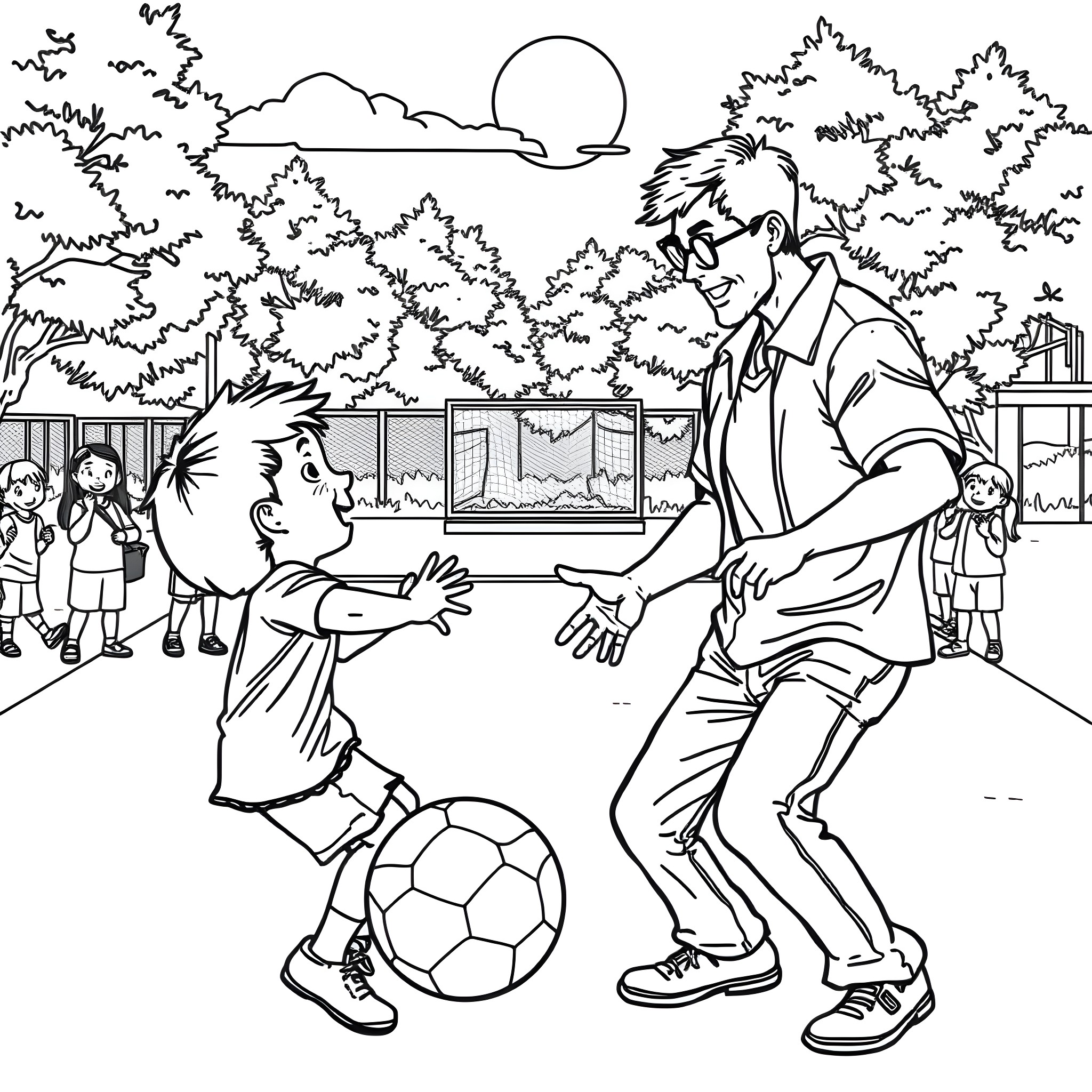 Teacher playing soccer with students in the schoolyard Coloring Page (free black-and-white line drawing printable PDF for all, from beginners to advanced learners, including children, teens, adults, and seniors)