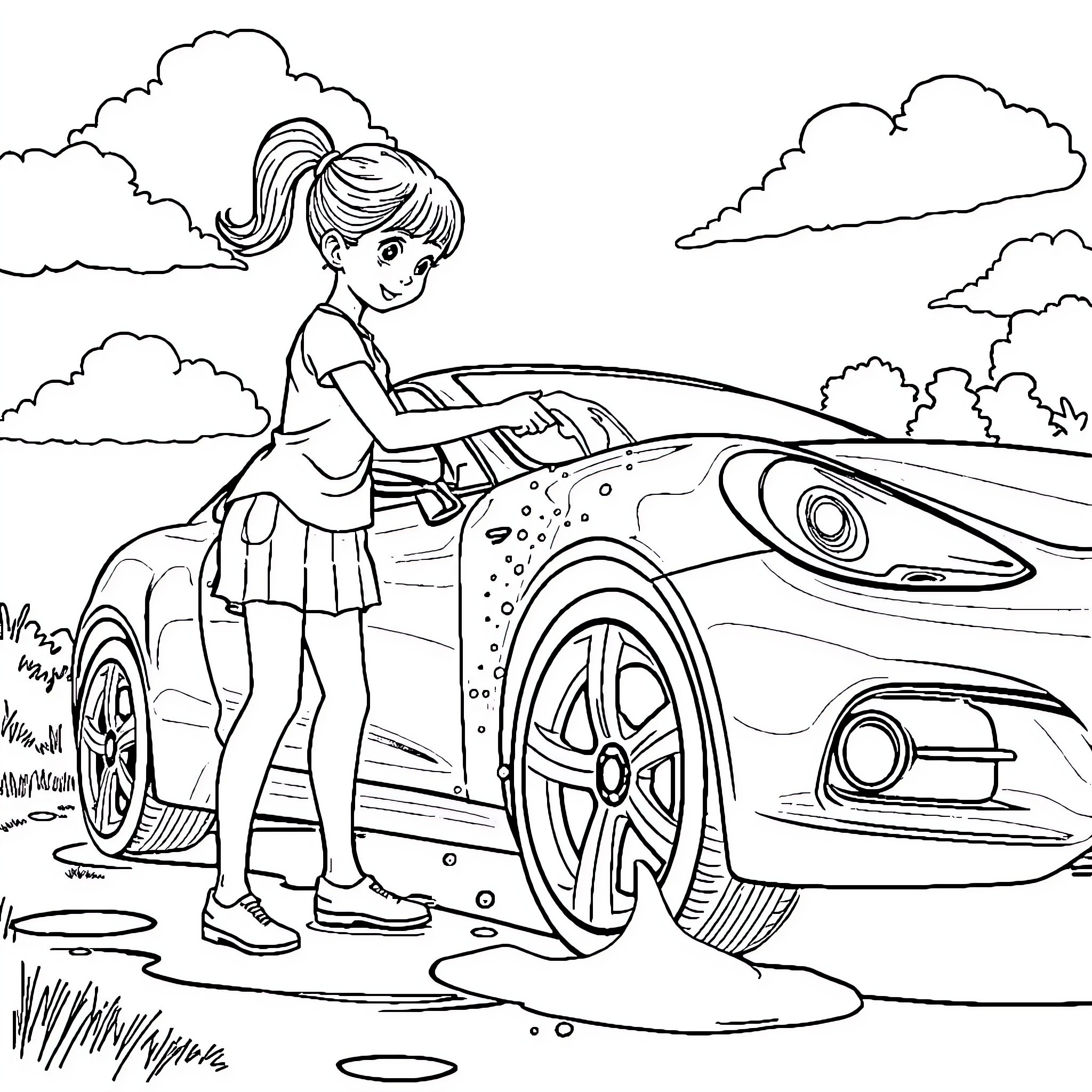 Girl washing her car on a sunny day Coloring Page (free black-and-white line drawing printable PDF for all, from beginners to advanced learners, including children, teens, adults, and seniors)