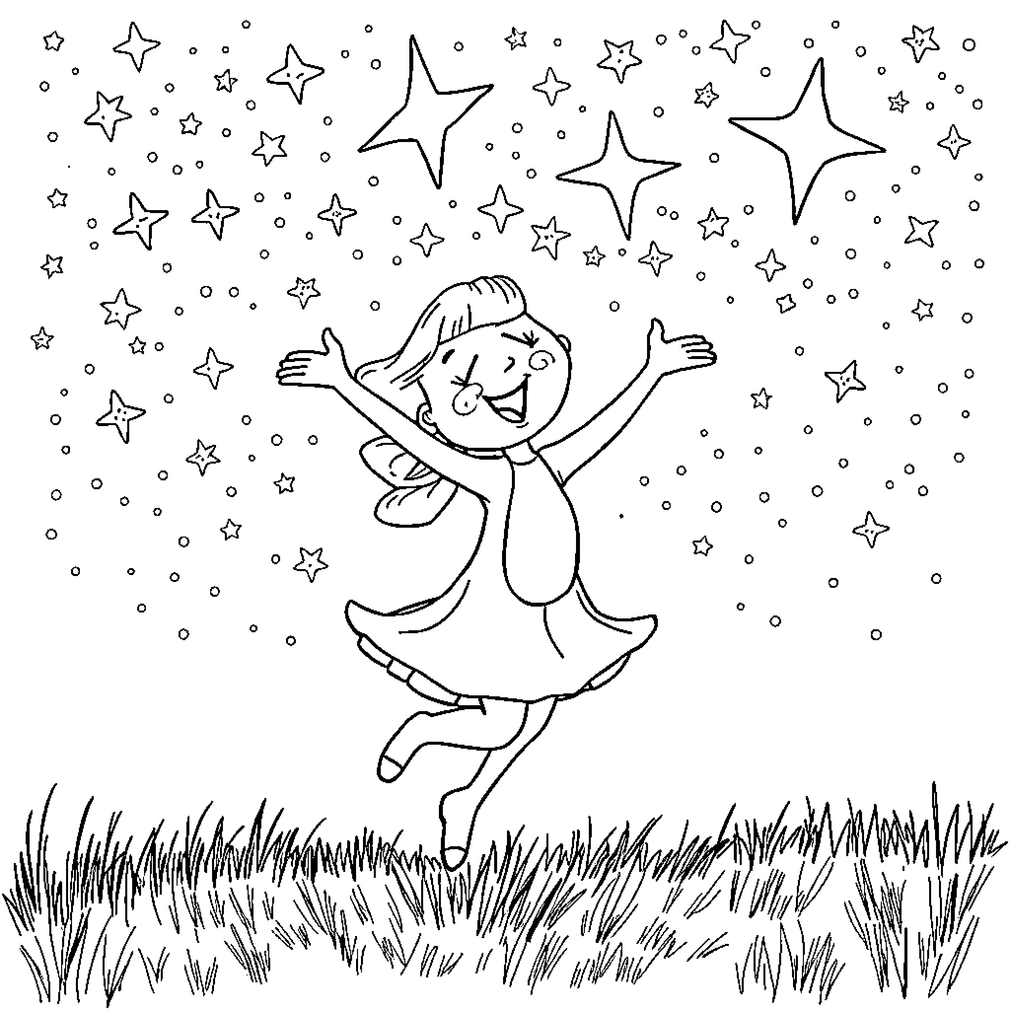 Bluey dancing among the stars Coloring Page (free black-and-white line drawing printable PDF for all, from beginners to advanced learners, including children, teens, adults, and seniors)