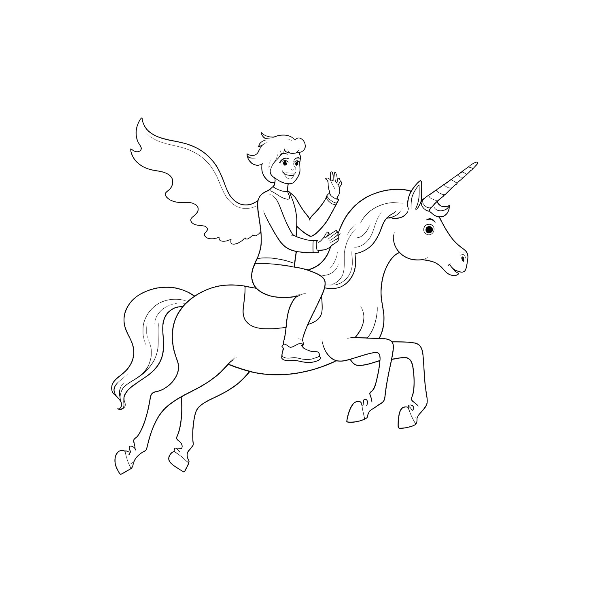 Miraculous Ride on a Magical Unicorn Coloring Page (free black-and-white line drawing printable PDF for all, from beginners to advanced learners, including children, teens, adults, and seniors)